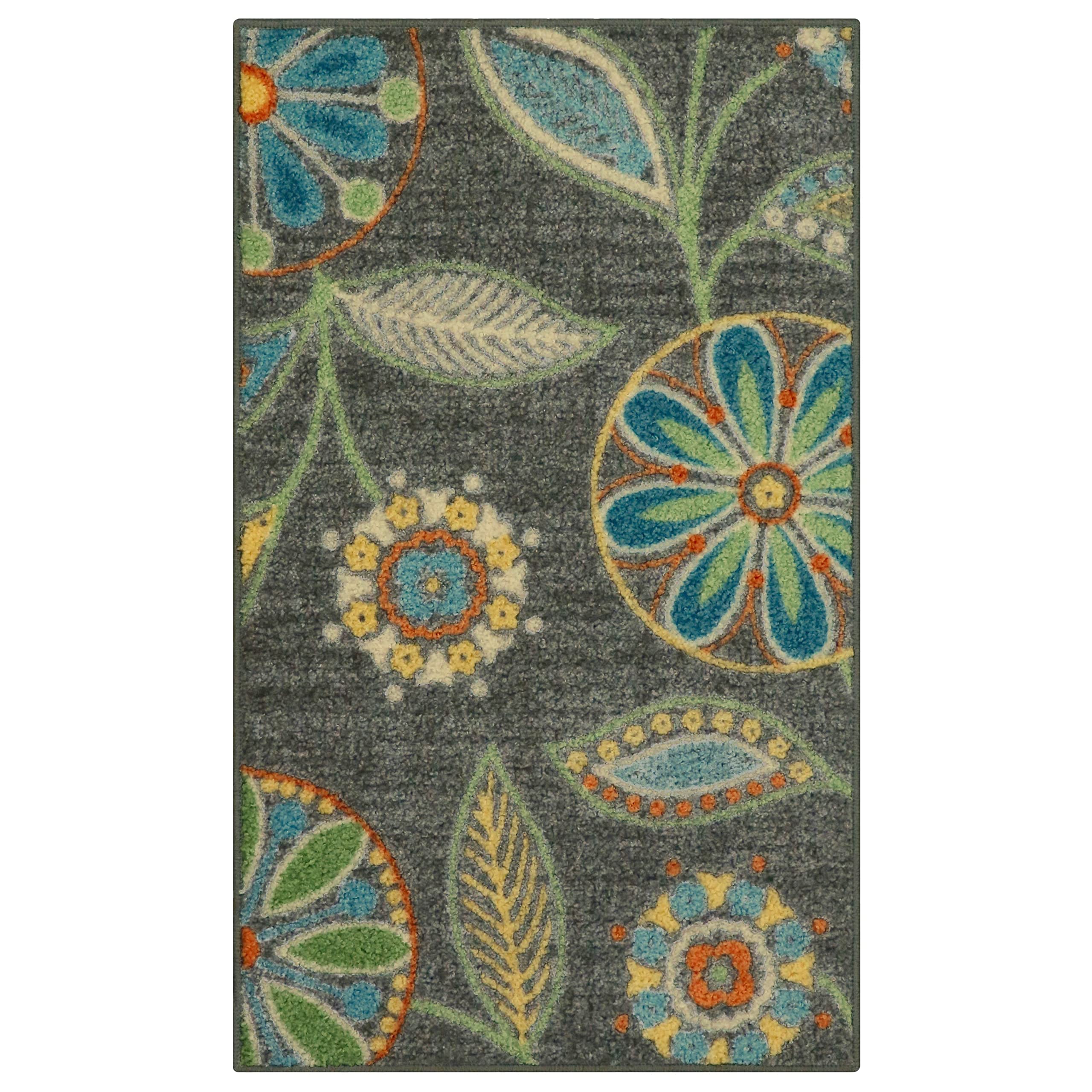 Maples Rugs Reggie Floral Kitchen Rug - Made in USA - Washable, Non Slip Indoor Carpet for Entryway, Foyer, Kitchen, and Bathroom, 1'8 x 2'10, Dark Grey