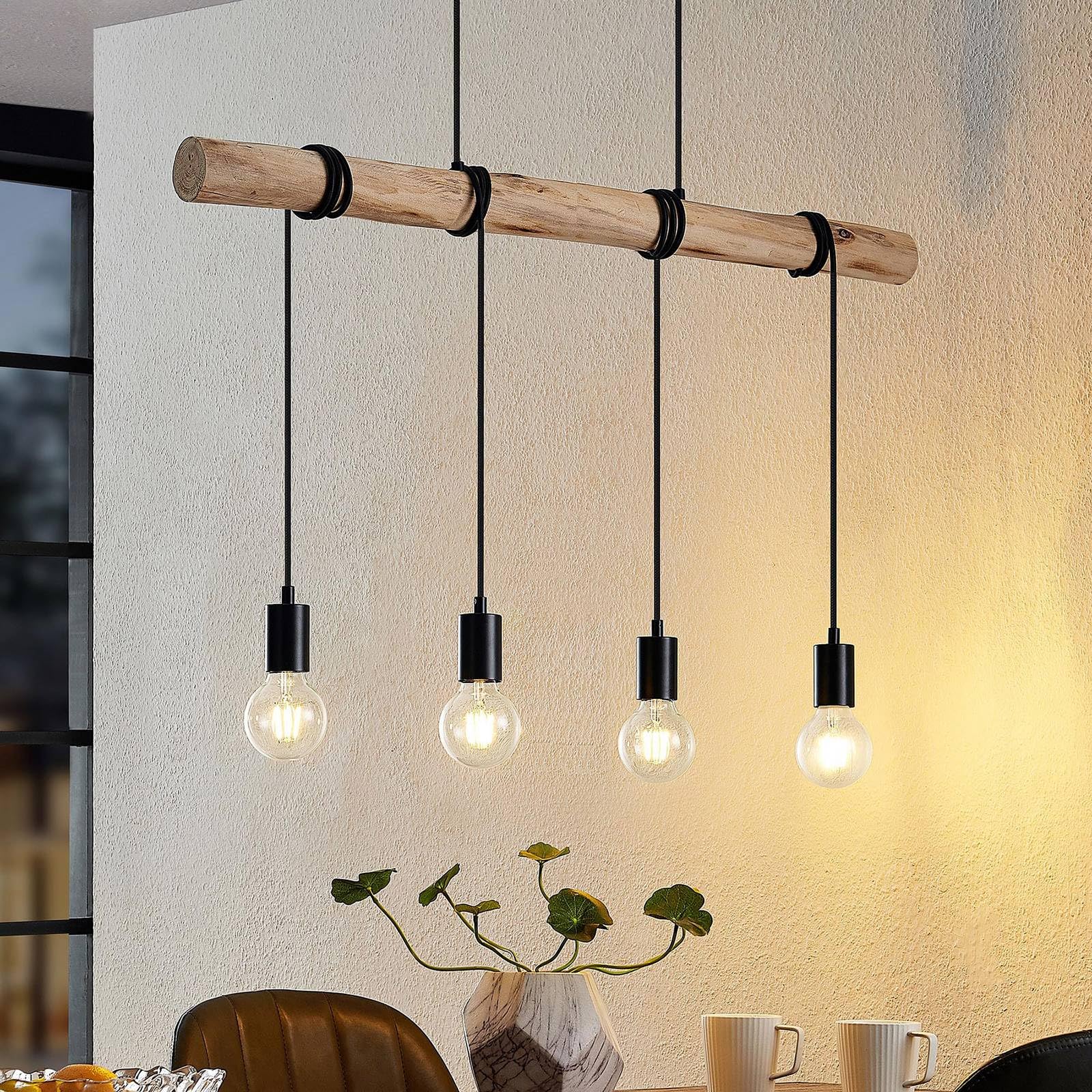 Lindby Pendelleuchte Ferris (Retro, Vintage Antik) aus Metall (4 flammig E27) - Holz Hängeleuchte Esstischlampe Hängelampe Wohnzimmerleuchte