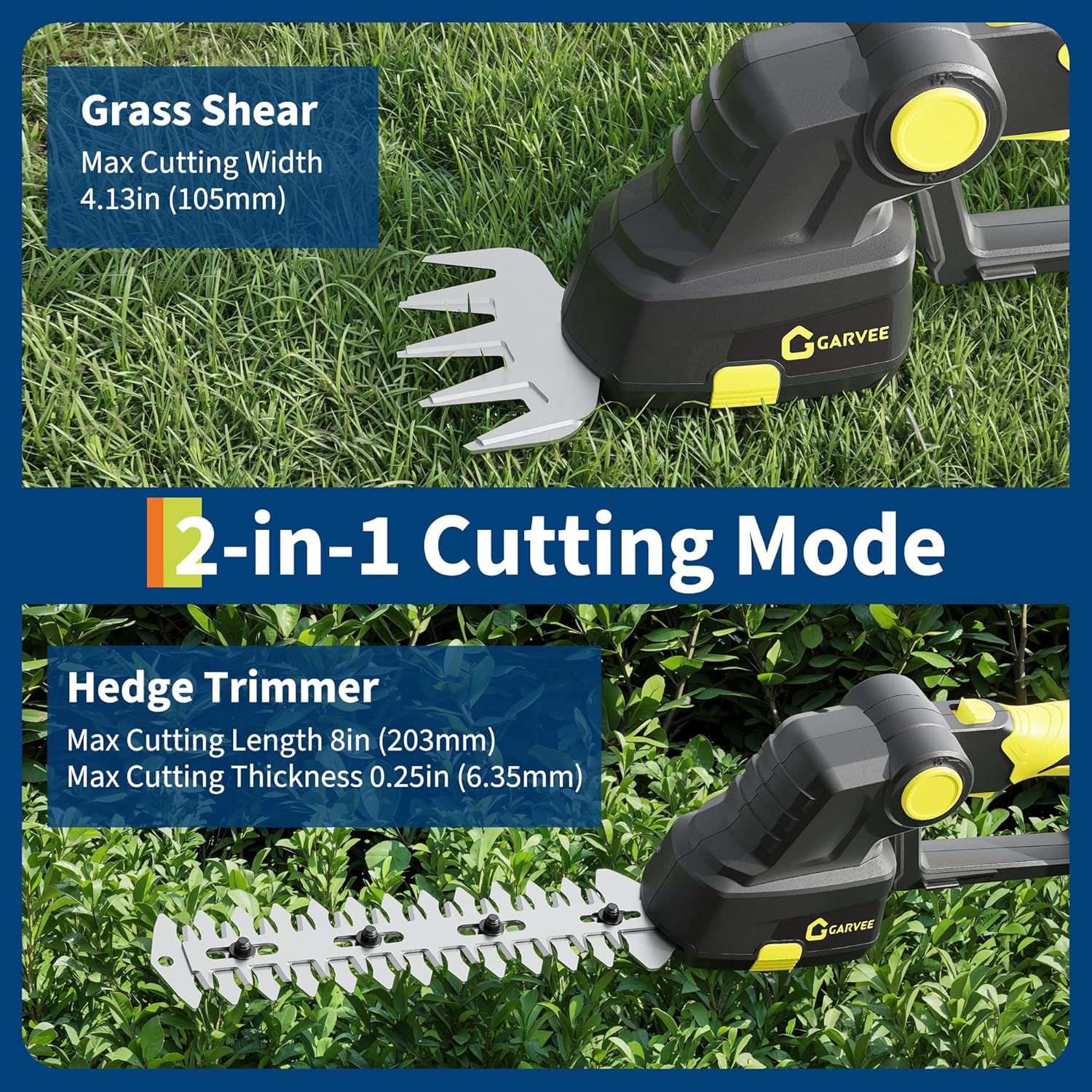 Cordless Hedge Trimmer, 2-in-1 Electric Hedge Trimmer, 20V 2.0Ah Grass Shears and Hedges Trimmers, with 2 Battery and Charger, Usage Time Can Last Up to 120 Minutes, for Gardens, Yards and Lawns