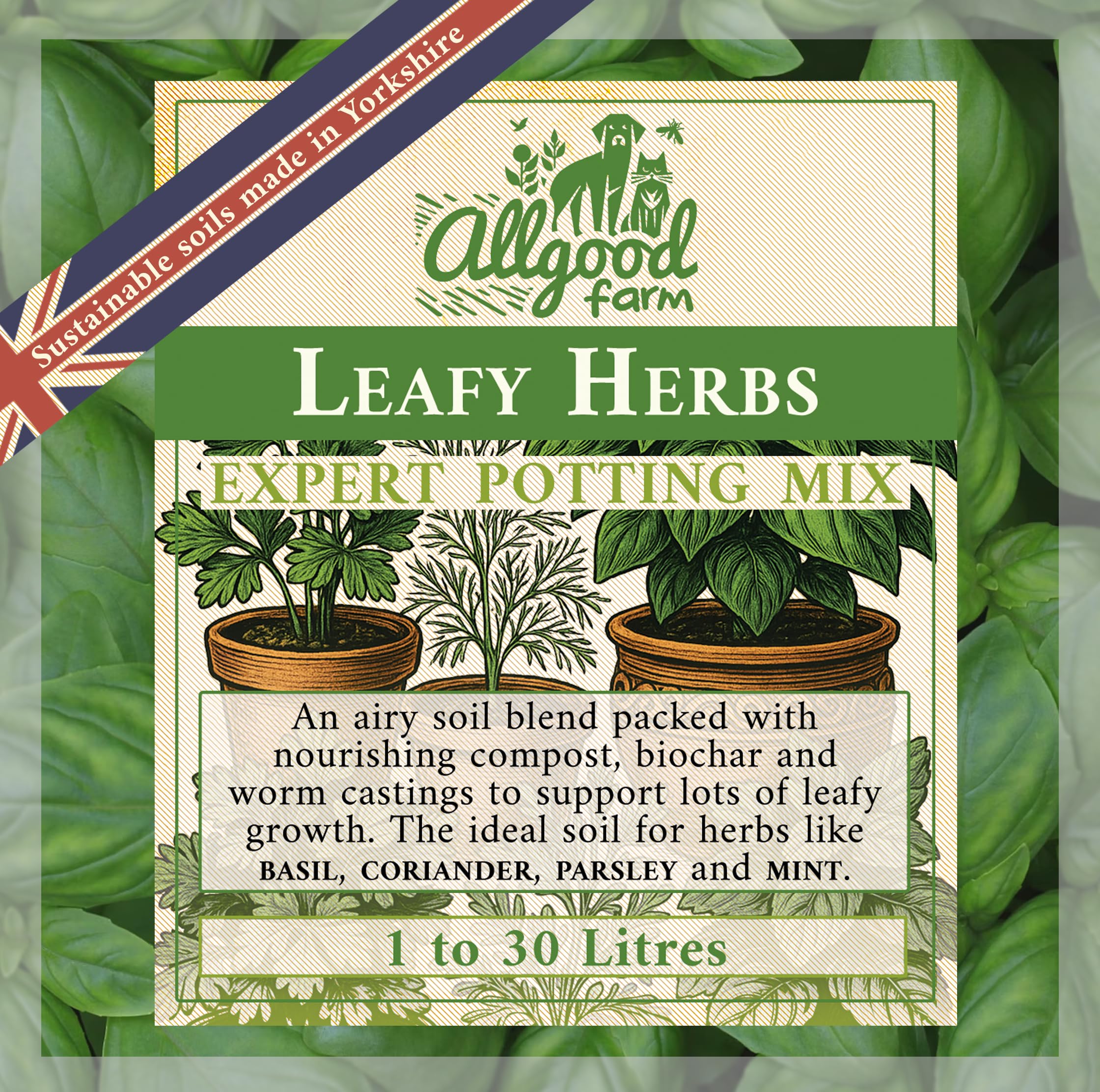 Allgood Farm Leafy Herbs Soil - Expert Potting Soil Mix for Growing Basil, Parsley, Sage, Dill, Chives, Mint, Coriander (15 Litres x 2)