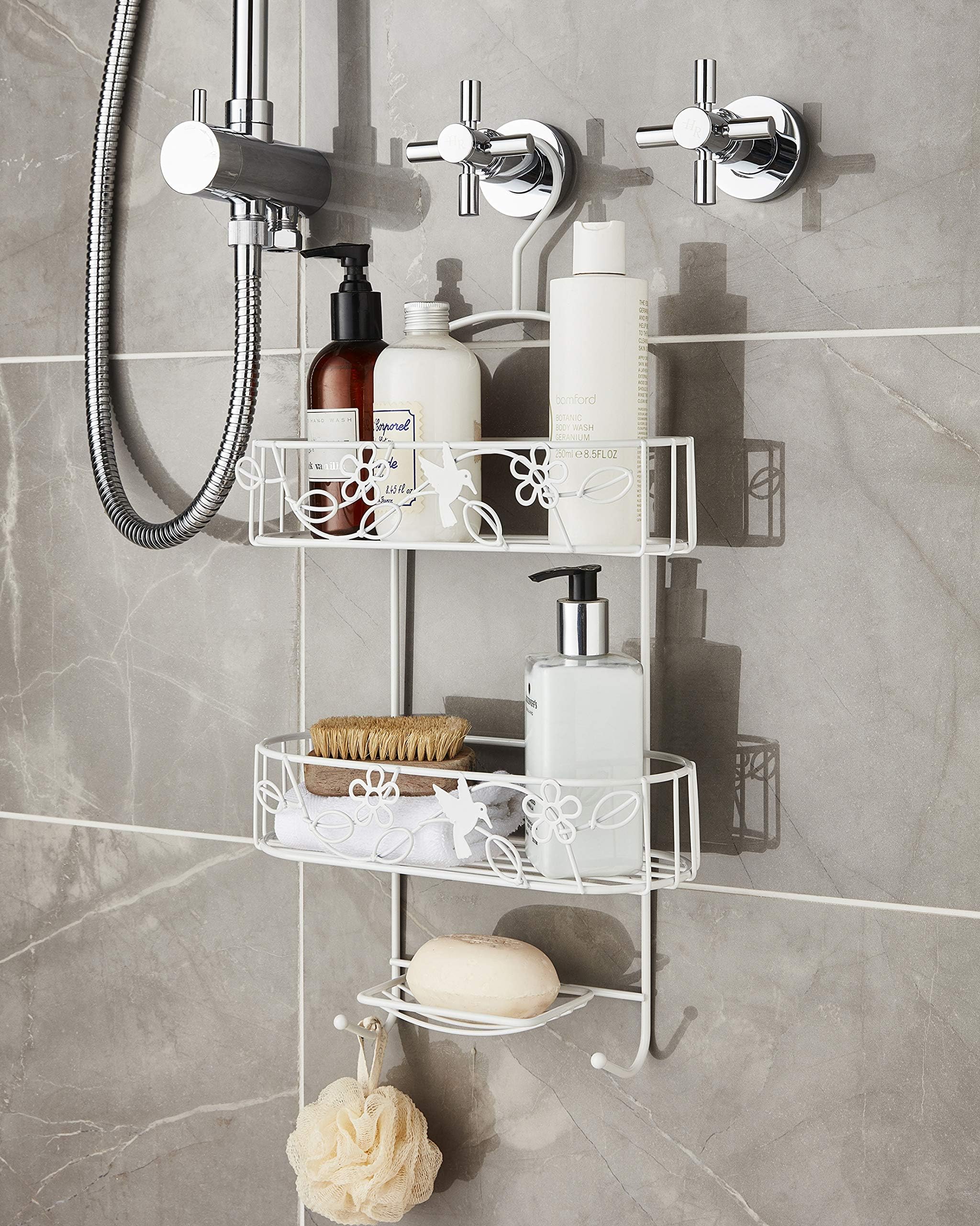 Direct Online Houseware 3 Tier Metallic Shower Caddy Bathroom Storage Rack Shelf Organiser Soap Basket In White Nano Powder Coating
