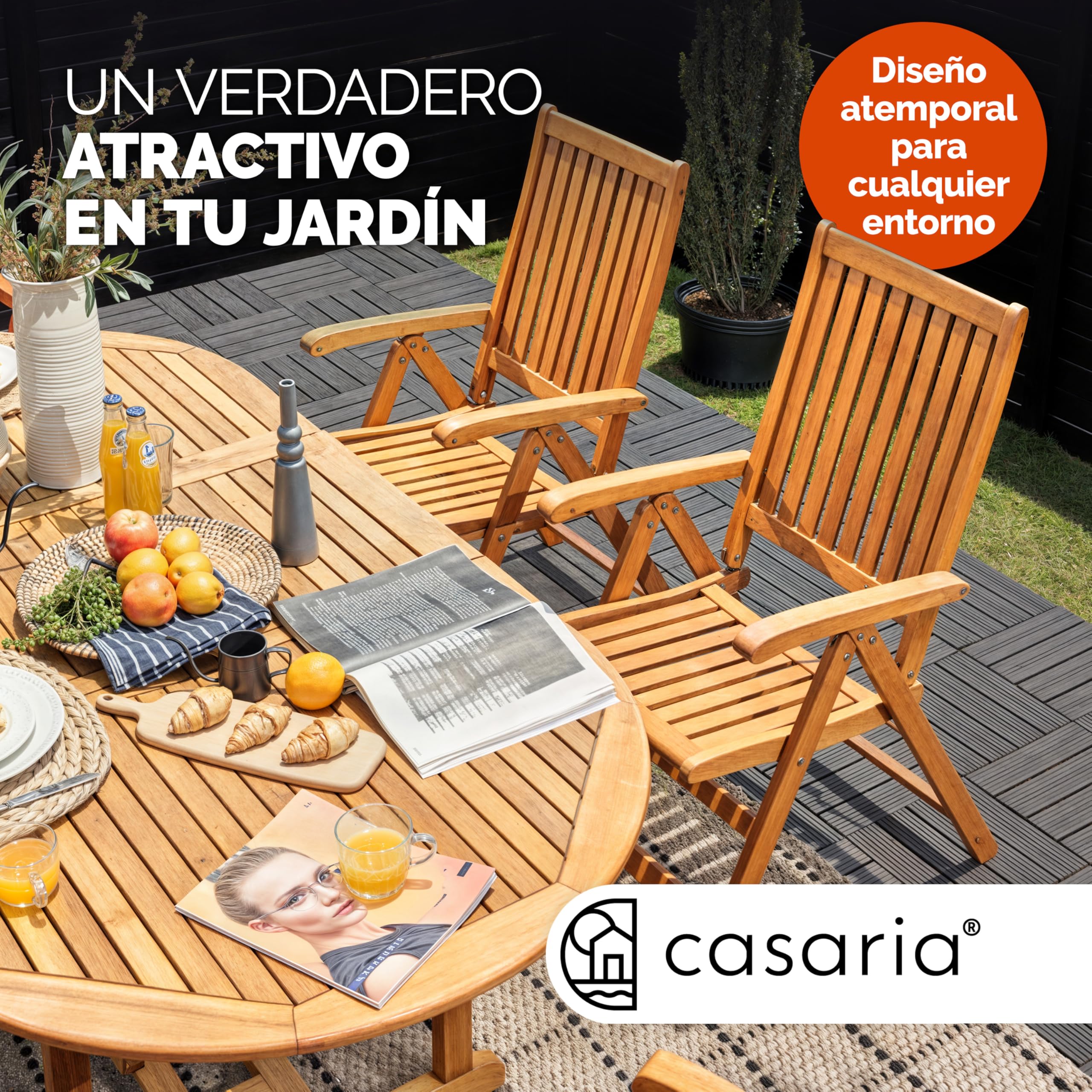 Casaria® Set 4x Sillas de Jardín Exterior Plegables Madera Eucalipto Certificada FSC® Asiento Respaldo Regulable Apoyabrazos Mobiliario Apilable Invernadero Balcón Terraza Patio Camping 55x70cm Marrón