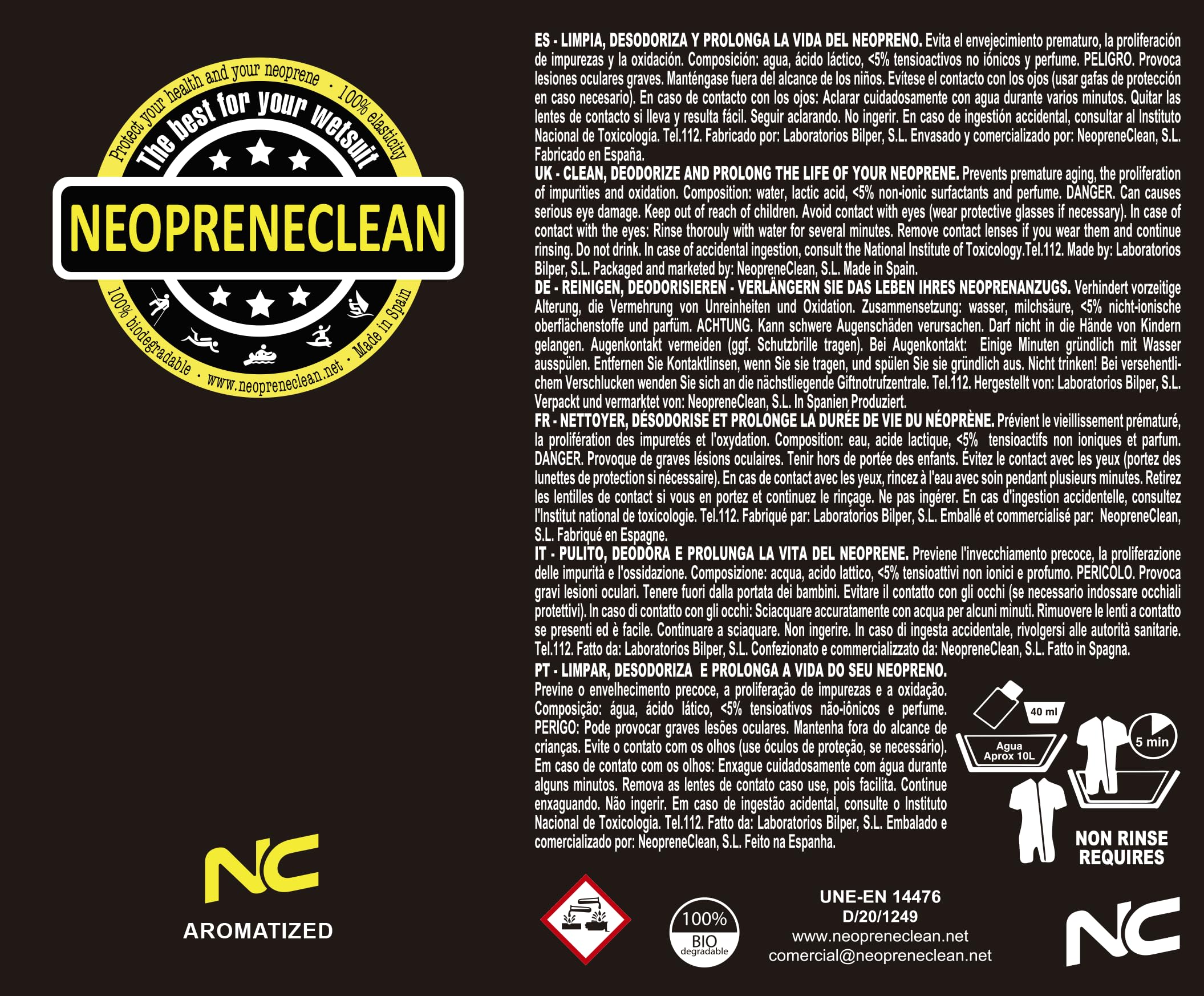 NeopreneClean Detergente per Neoprene Aroma Naturale. Senza risciacquo. 100% biodegradabile. Prodotto consigliato dalla FESURFING. (500 ml, naturale)
