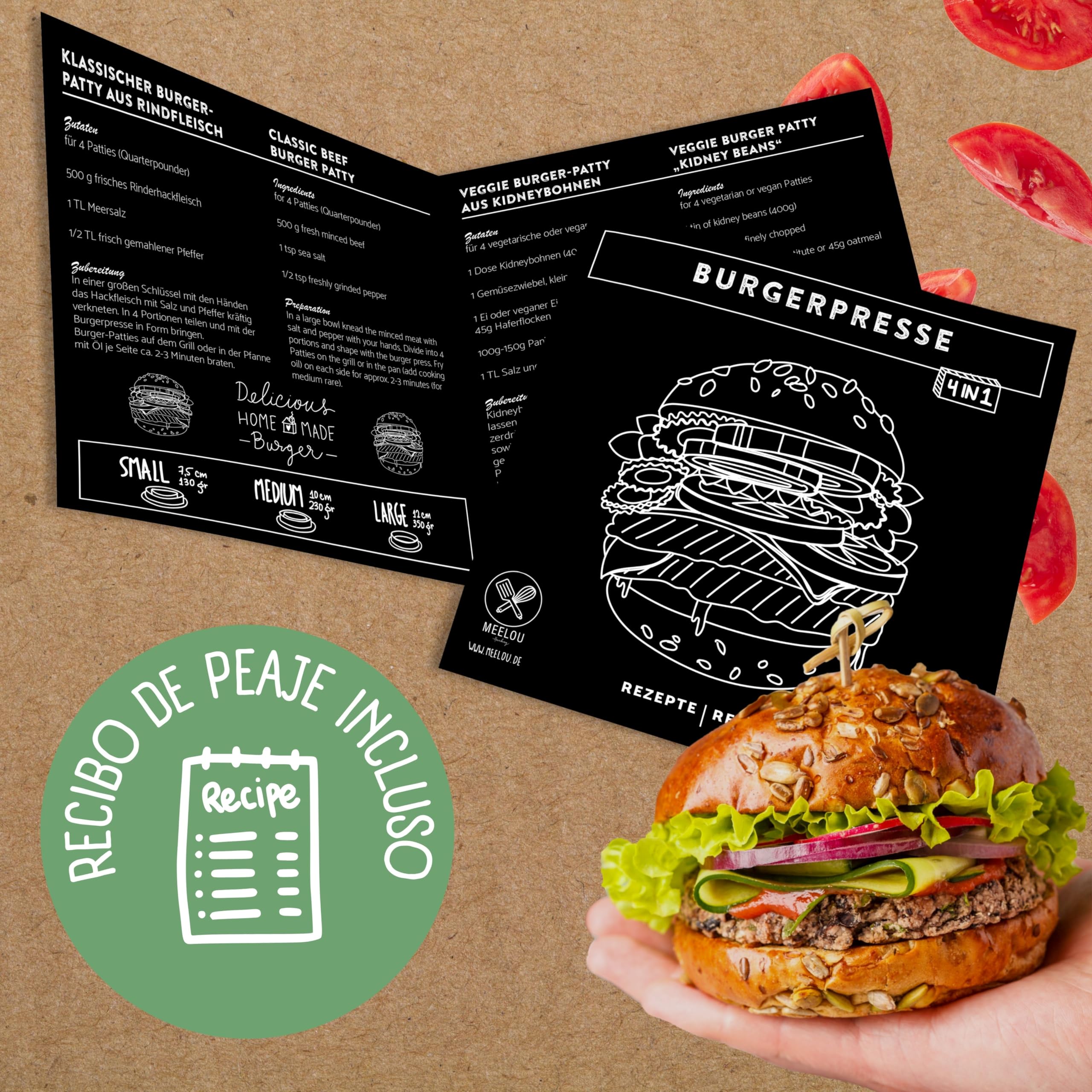 Pressa Hamburger e Pressa Stampa di Burger | +100 Carta Antiaderente | 4 Formati | Burger Ripiene e XXL | Pressa per Hamburger con Ricette