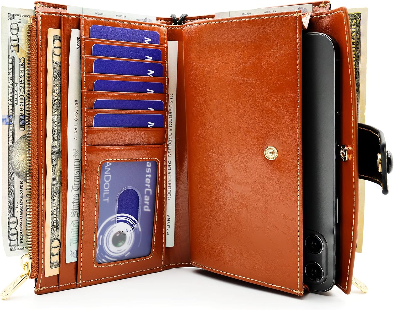 ANDOILT Wallet Women RFID Blocking Genuine Leather Bifold Multi Card Organizer Wristlet Purse Cell Phone Handbag - Image 2