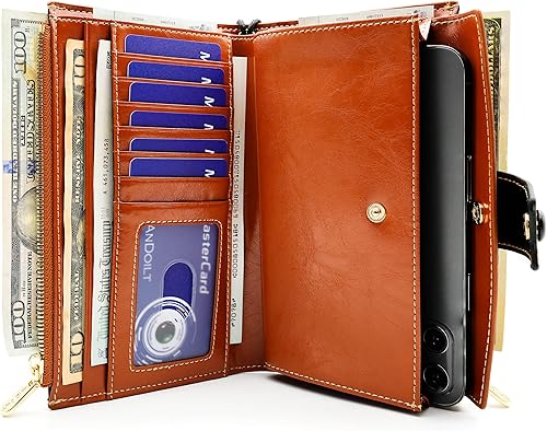 Vista 2 de ANDOILT Billetera para mujer, con bloqueo RFID, de cuero genuino, plegable, organizador de tarjetas múltiples, bolso de mano para teléfono celular