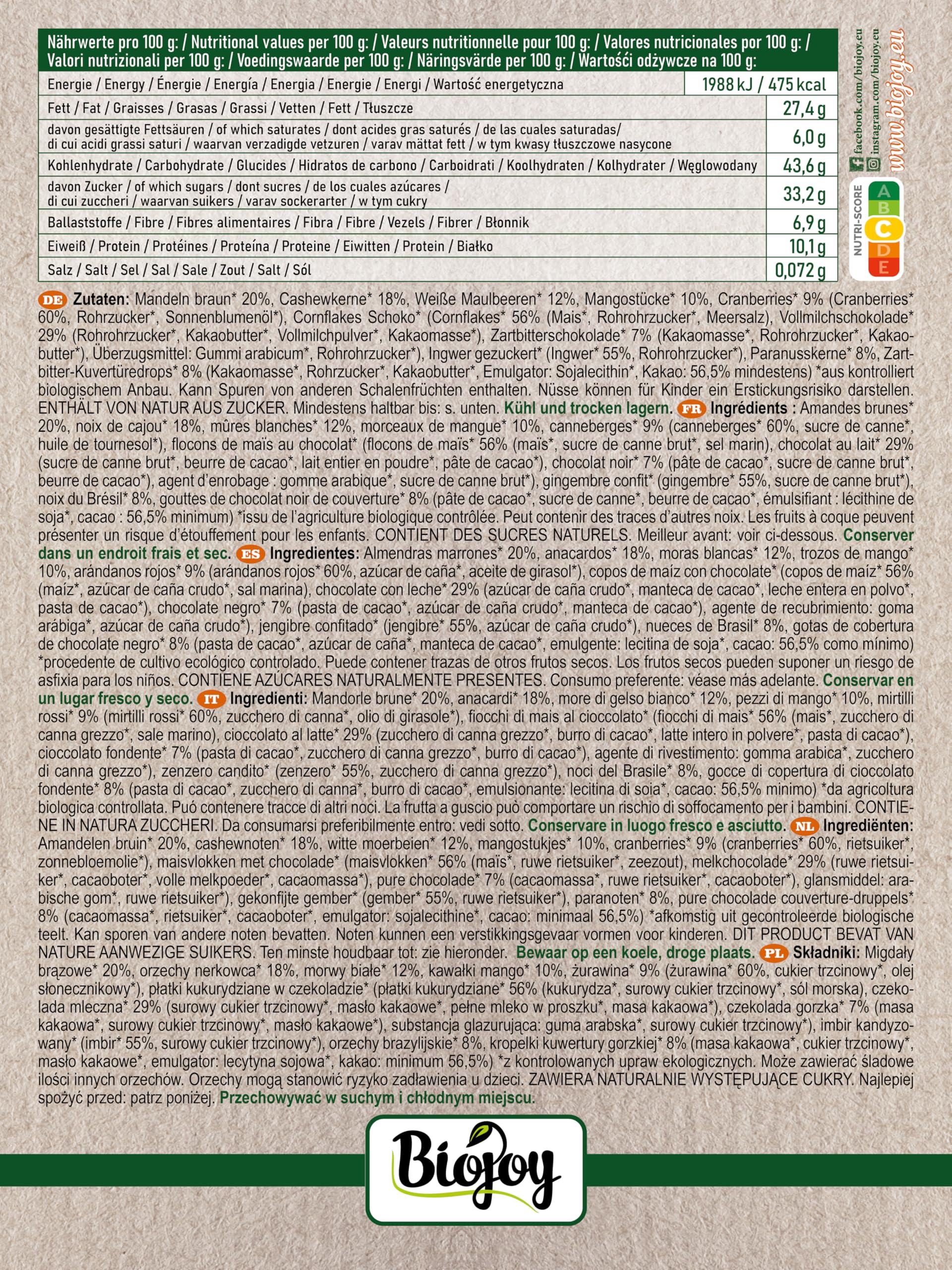 Biojoy Magia d’Inverno Biologica (500 g) - Mix di frutta secca e frutta a guscio con mandorle, anacardi, mirtilli rossi, gelsi bianchi, noci del Brasile e cioccolato