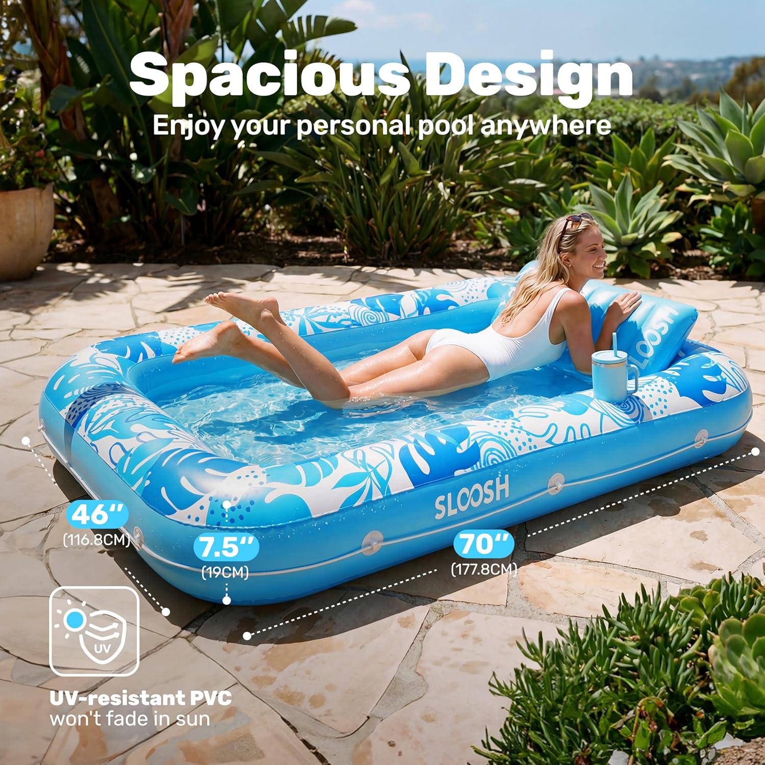 SLOOSH Inflatable Tanning Pool Lounger Float with Mist, 70" x 46" Large Pool Floats Adult with Pillow & Cup Holders, 6 in 1 Portable Sunbathing Pool Blow Up Tanning Bed for Backyard, Beach