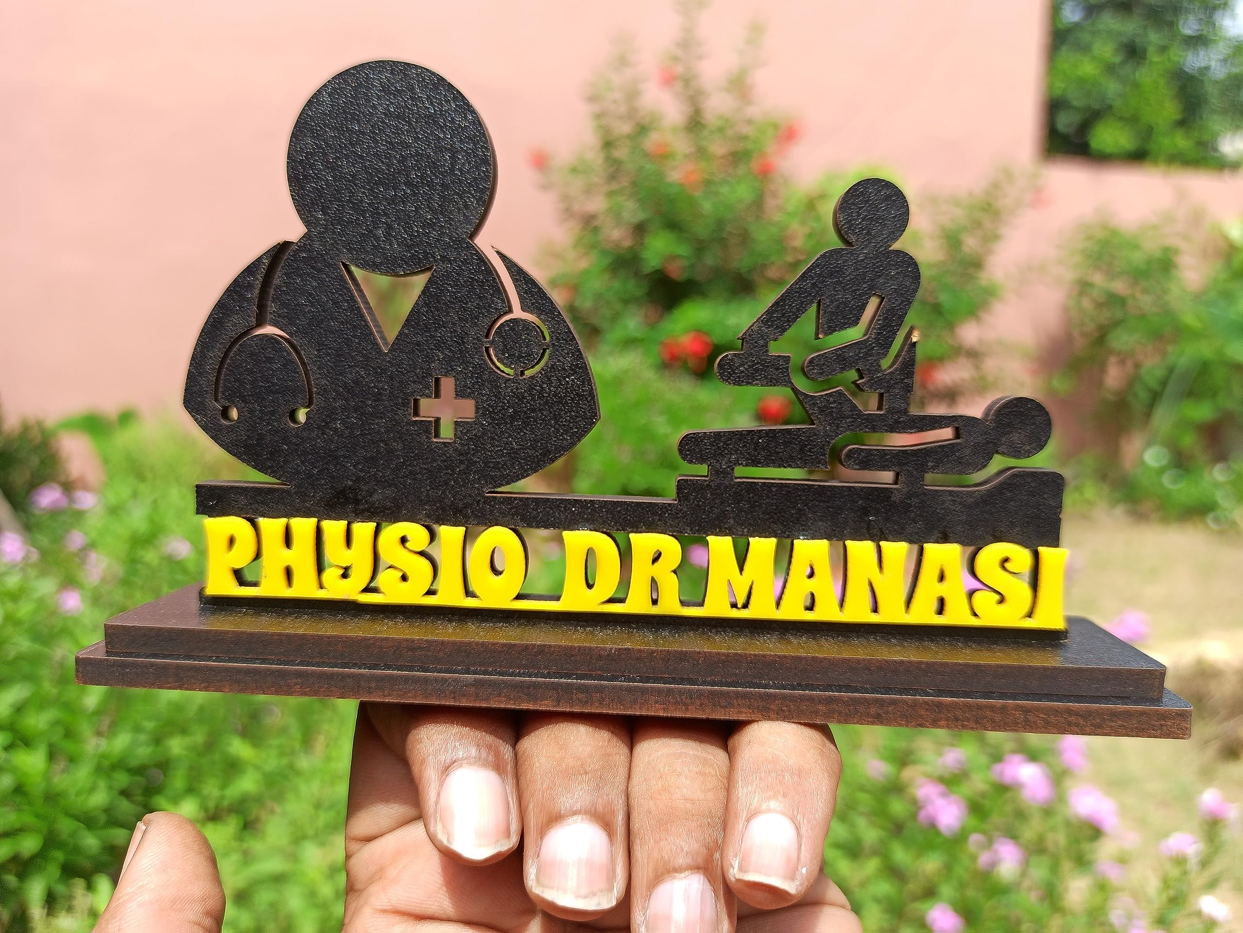 PhysioPro - Premium Table Top Name Plate for Physiotherapists | Imported Black MDF and Yellow Acrylic | Ideal Gift (4x6 inches) — Amazon image 4