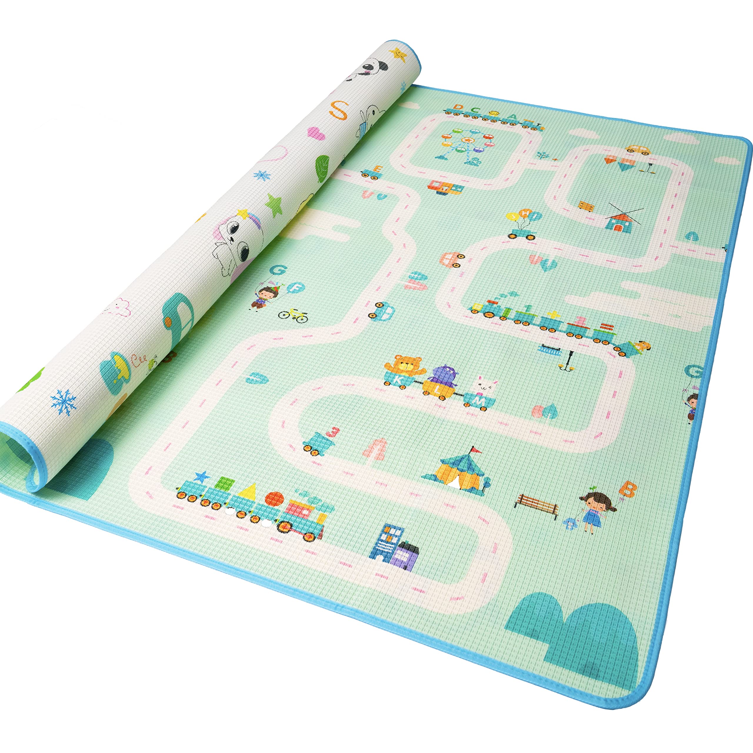 Tappeto Neonato Gattonamento Ripiegabile (con borsetta) Gioco e Divertimento Bambini con tanti Colori - Certificato CE (Bianco/Turchese)