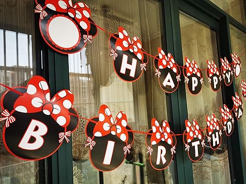 Miniatura 6 de CHuangQi Cartel de fiesta temática de Minnie, pancarta de letras de feliz cumpleaños, lazo rojo con tarjeta de lunares, suministros y decoración