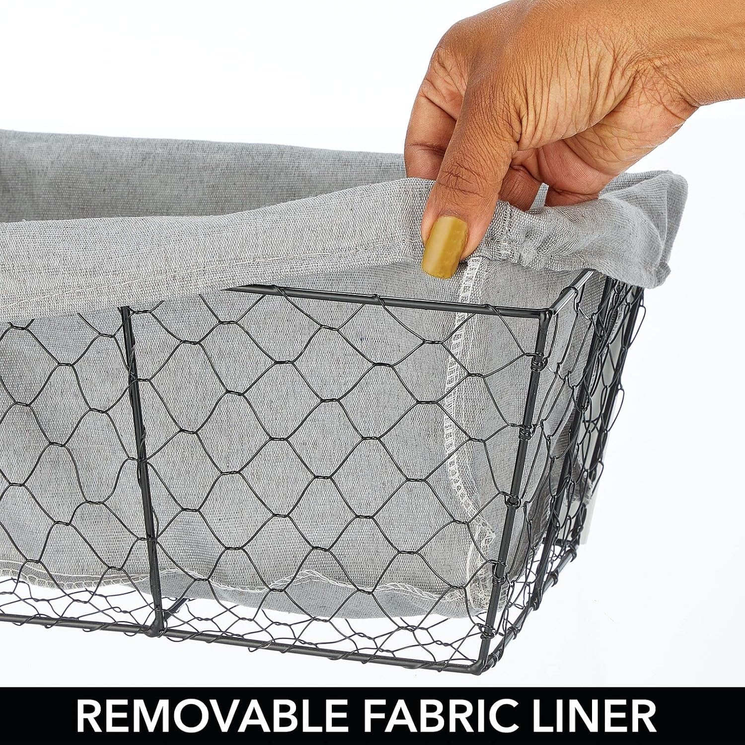 mDesign Medium Metal Farmhouse Home Storage Organizer Basket - Chicken Wire Design, Fabric Liner for Kitchen, Bathroom, Living Room, Pantry, Cupboard, Shelves, Countertop, 4 Pack - Black/Gray