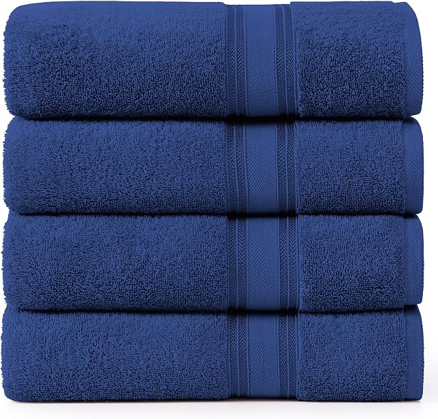 Feuilles de bain - 100% Serviettes de bain extra grandes en coton, 4 Ensemble de draps de bain, Twist zéro, Séchage rapide, Serviettes de douche super douce, Serviette de salle de bains très absorbante, Qualité du spa de l'hôtel, 35 x 66 de pouce - marine