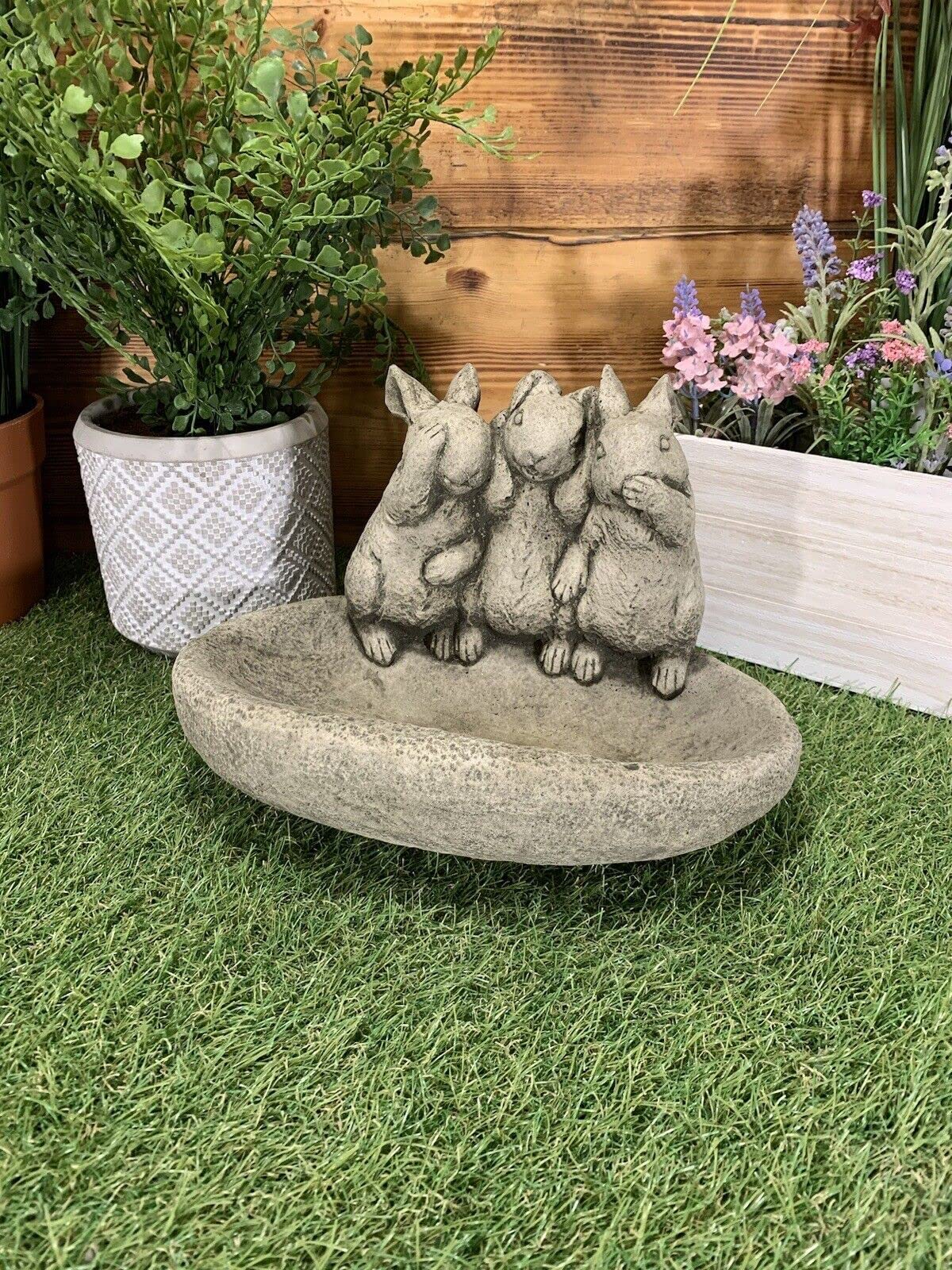 STONE GARDEN SEE HEAR SPEAK NO EVIL RABBIT BIRD BATH FEEDER BOWL ORNAMENT GIFT