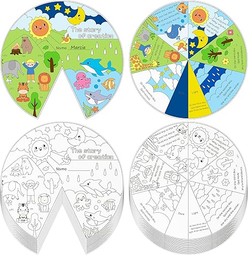 Haooryx 24 juegos de rueda para colorear tu propia creación, Biblia La historia de Dios Creando el mundo en siete días, rueda artesanal para niños,