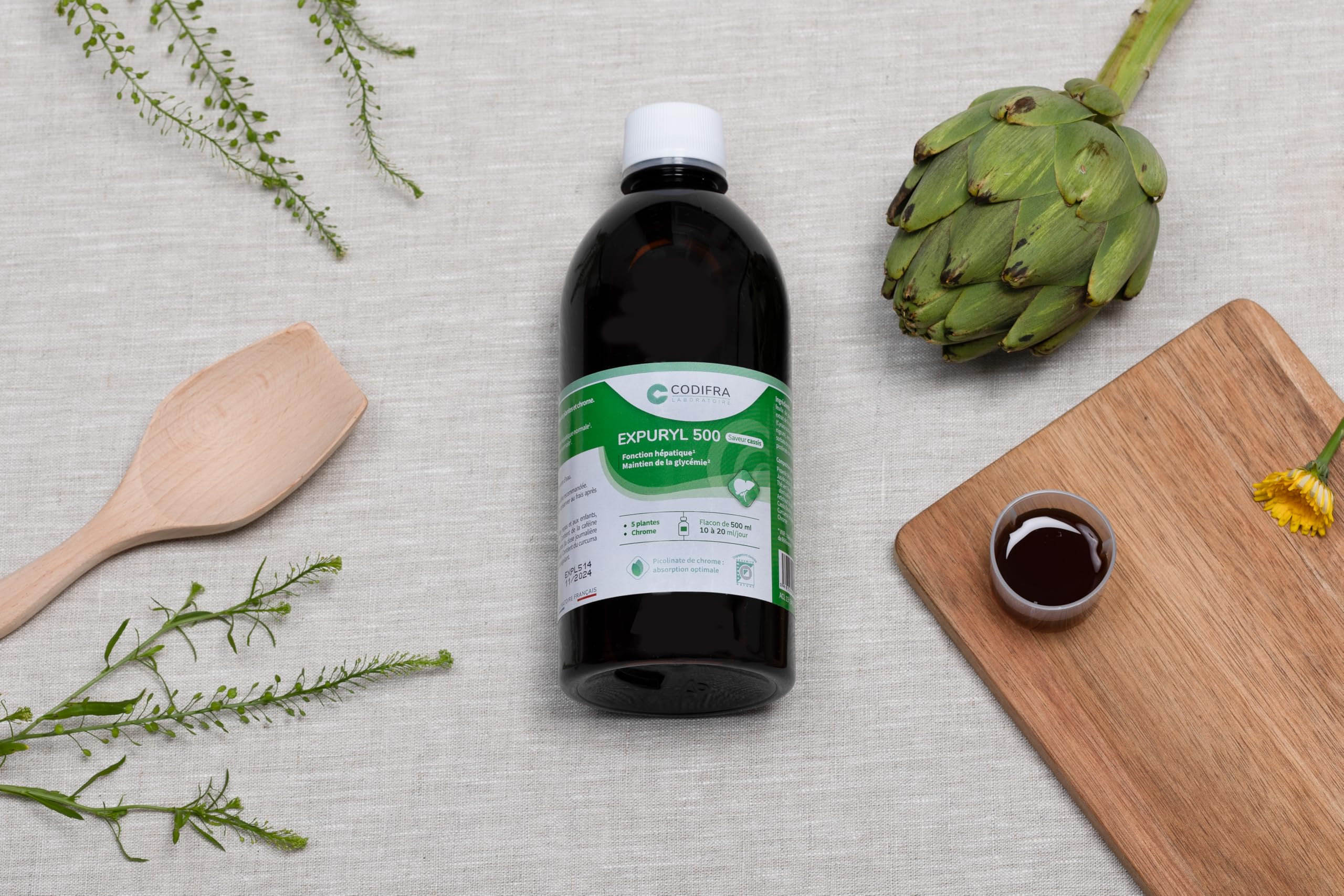 Codifra - Expuryl, Complément Alimentaire Confort Digestif, Phytodraineur et Détox Naturel - Artichaut, Pissenlit, Curcuma, Thé Vert, Chrome - Fabrication Française - Goût Cassis - 500 ml