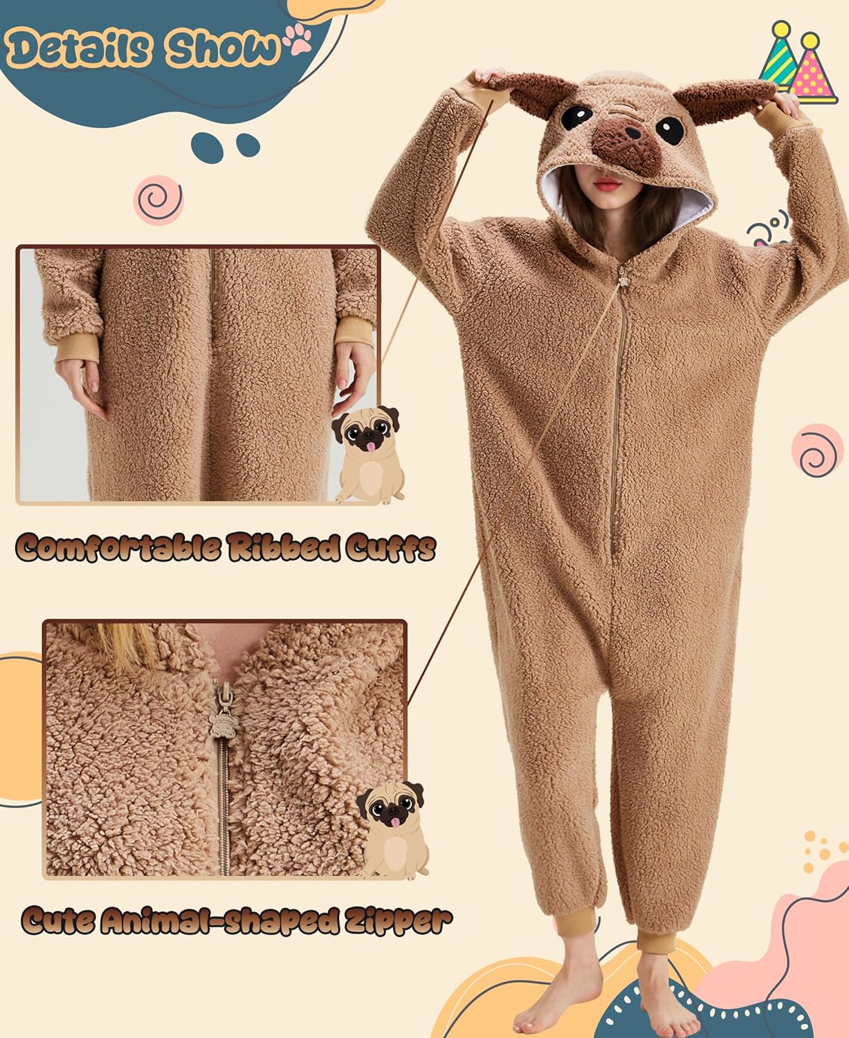 Pug Onesie Pajamas Adult Unisex Pug Costume Hooded Zipper Animal Sleepwear Halloween Cosplay Costume - Image 5