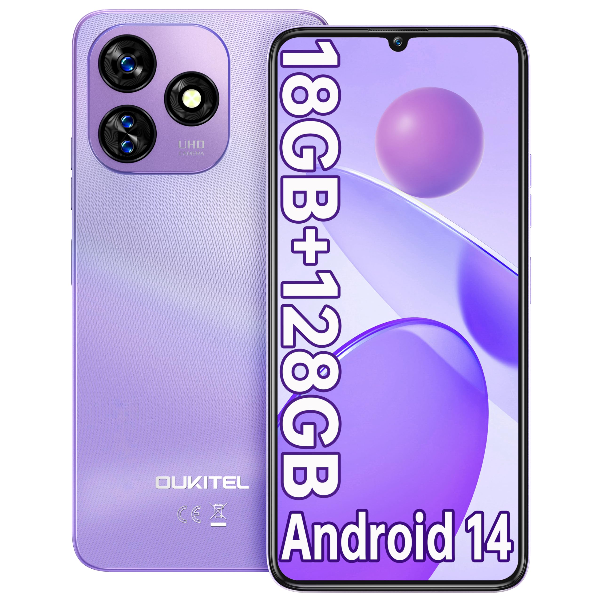 OUKITEL C51 Smartphone 18GB RAM + 128GB ROM - Android 14 Telefono - 6.8" HD+/90Hz Cellulare 5150mAh Octa-Core, 13MP+5MP Camera Dual SIM 4G Cellulari e Smartphone/Fingerprint/Face ID/3.5mm Jack Viola
