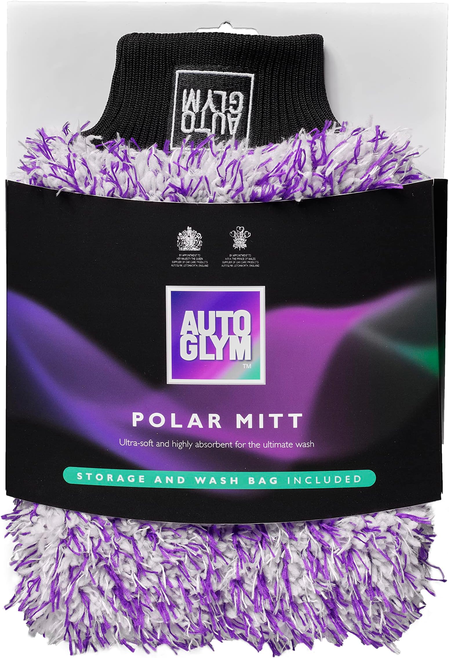 Polar Car Wash Mitt with Storage and Washbag Included, Premium Fine Microfibre Strands, Scratch-Free Results, Purple, White & Black