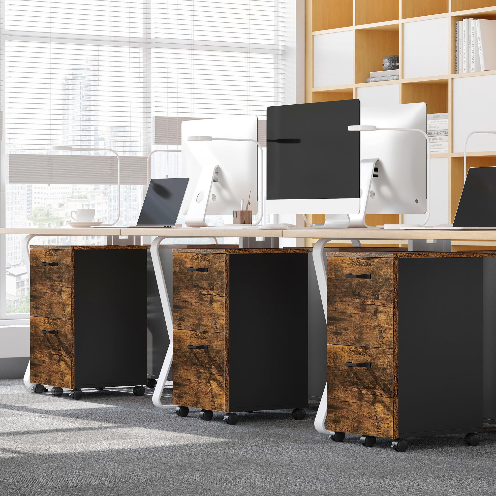 VASAGLE Cassettiera a 2 cassetti, credenza su ruote, per documenti A4, cartelle sospese, stile industriale, marrone rustico e nero OFC040B01