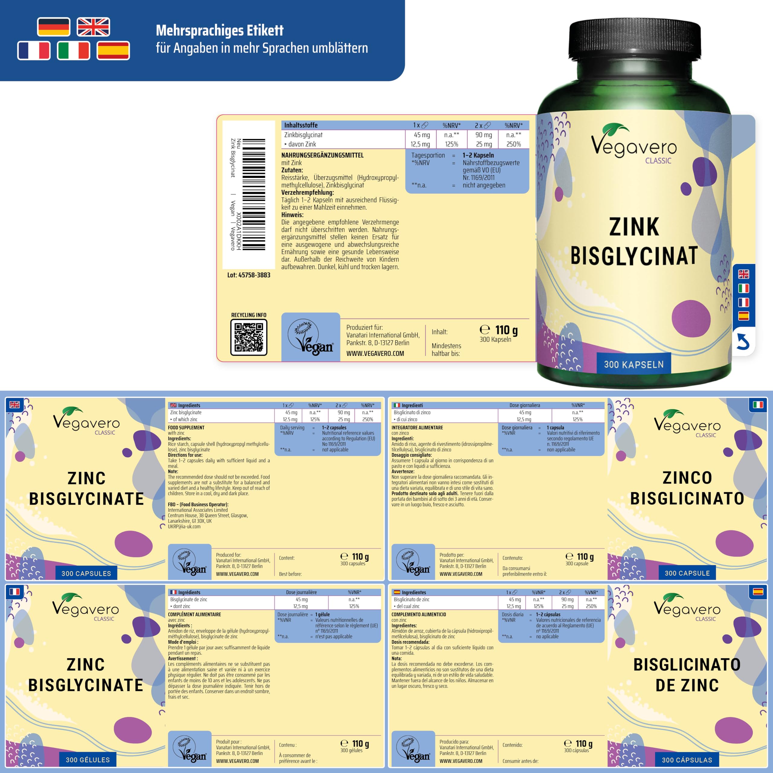 Zink Bisglycinate Kapseln Hochdosiert | 25 mg | Laborgeprüft & Vegan | 300 Kapseln | Vegavero (Packung mit 2)