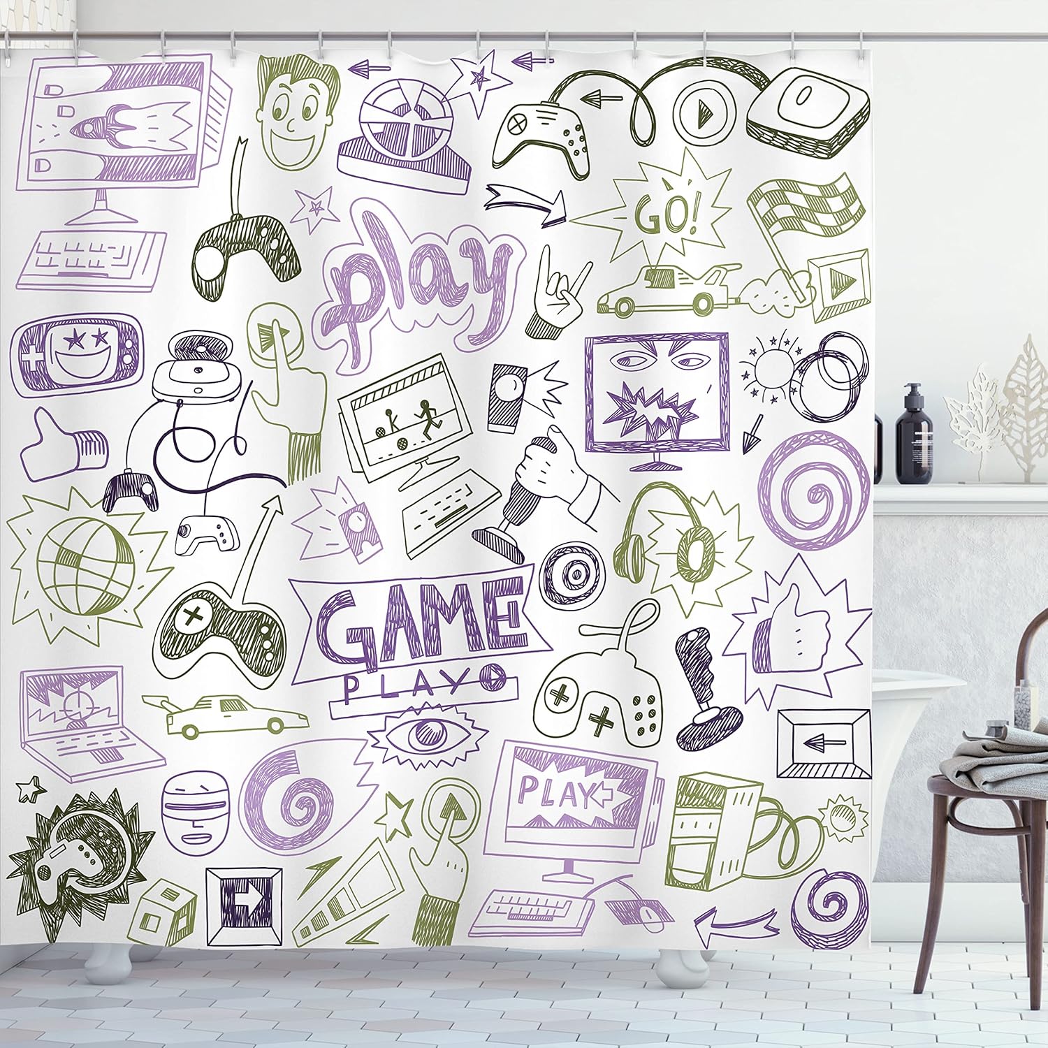 Ambesonne Video Games Shower Curtain, Monochrome Sketch Gaming Design Racing Monitor Device Gadget Teen 90's, Cloth Fabric Bathroom Decor Set with Hooks, 69" W x 70" L, Purple Grey