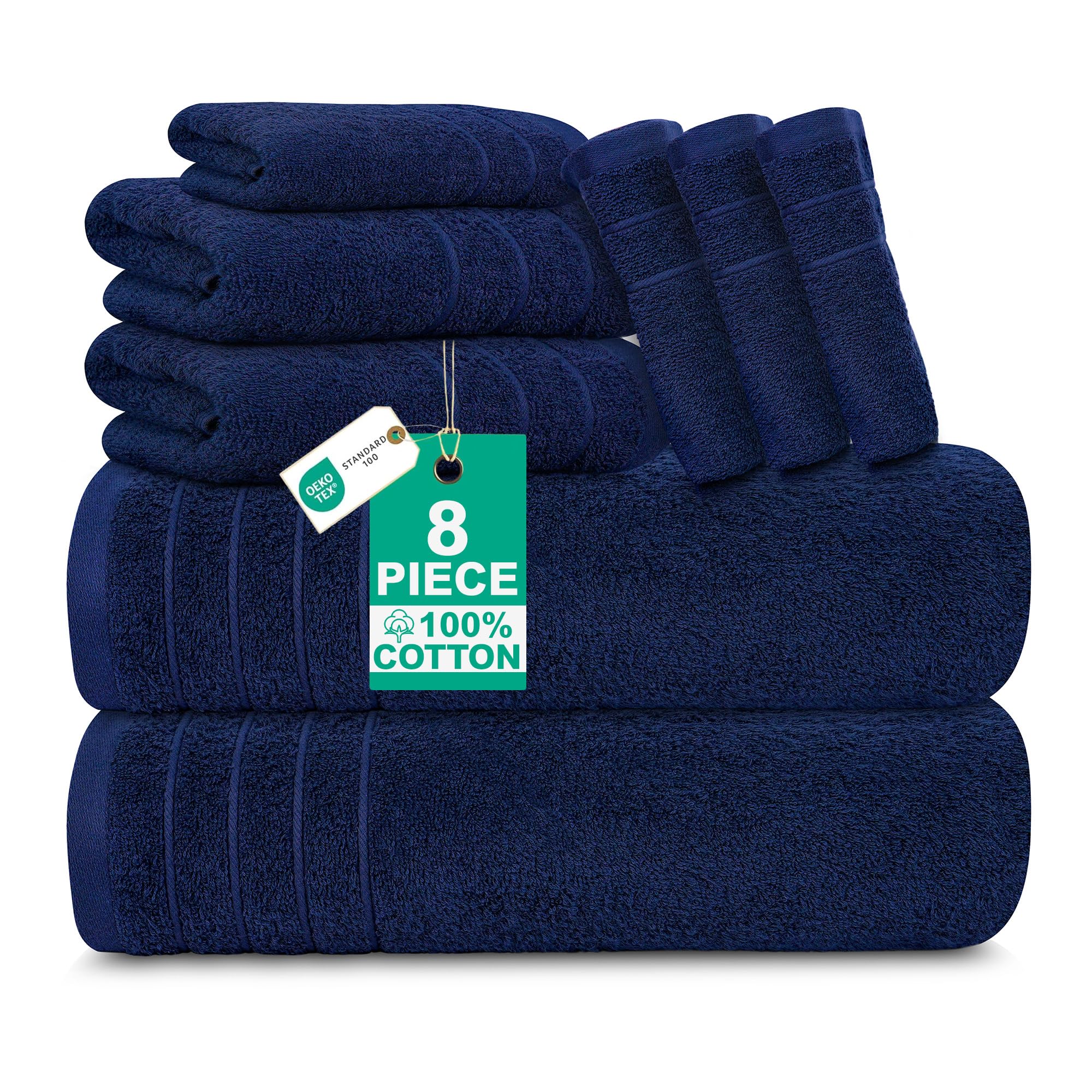 100% Cotton 8 Piece Towel Bale Set - Includes 2 Large Bath Towels, 2 Hand Towels & 4 Face Cloths - Super Soft, Quick Dry & Highly Absorbent Hotel Quality Bathroom Towels 450 GSM | (Navy)