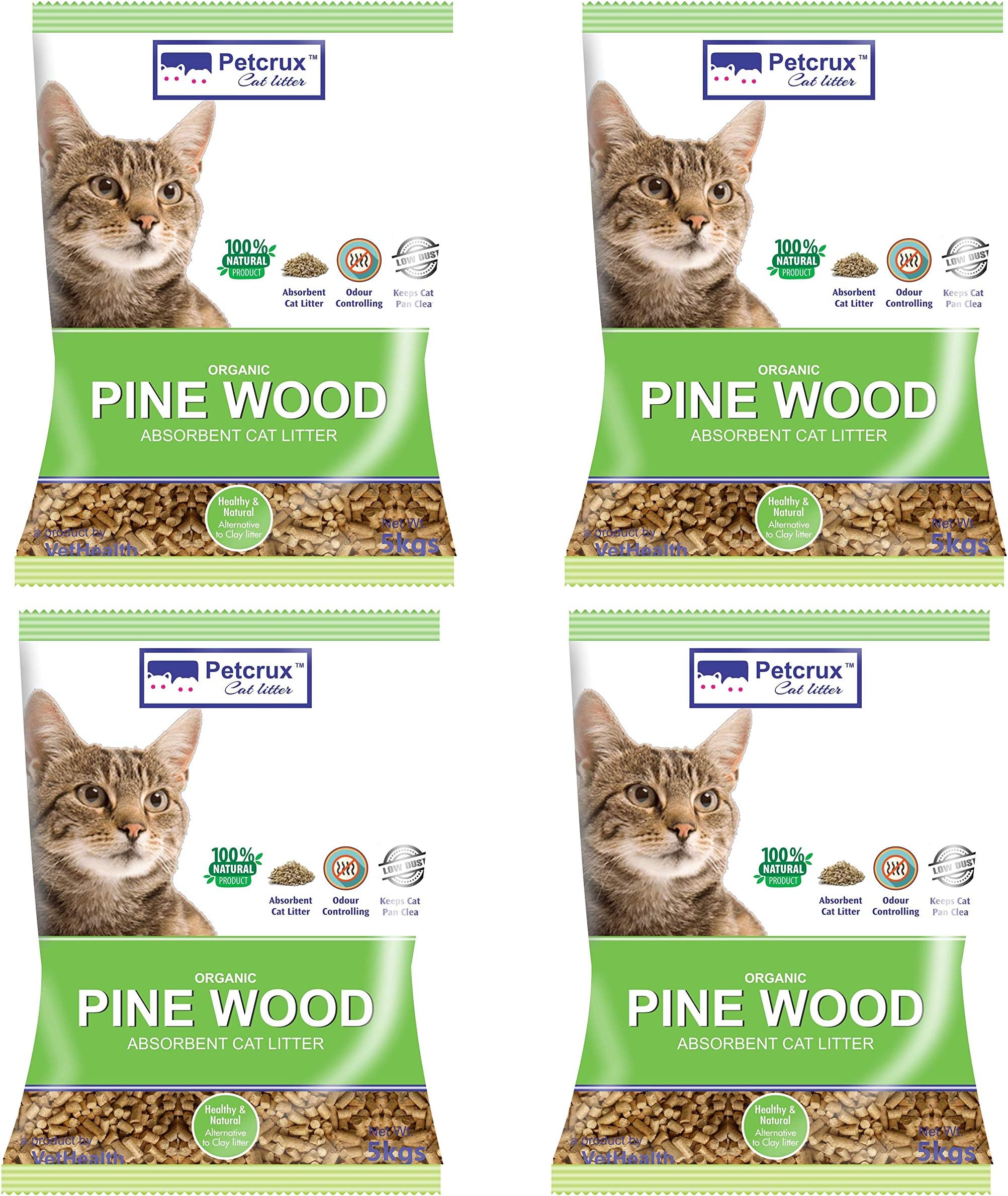 PetCrux Organic Pine Wood Absorbent Cat Litter | 100% Natural Biodegradable | Superior Odour Control | Low Dust for Multiple Cats, 20Kg Total (4 Packs of 5kg)