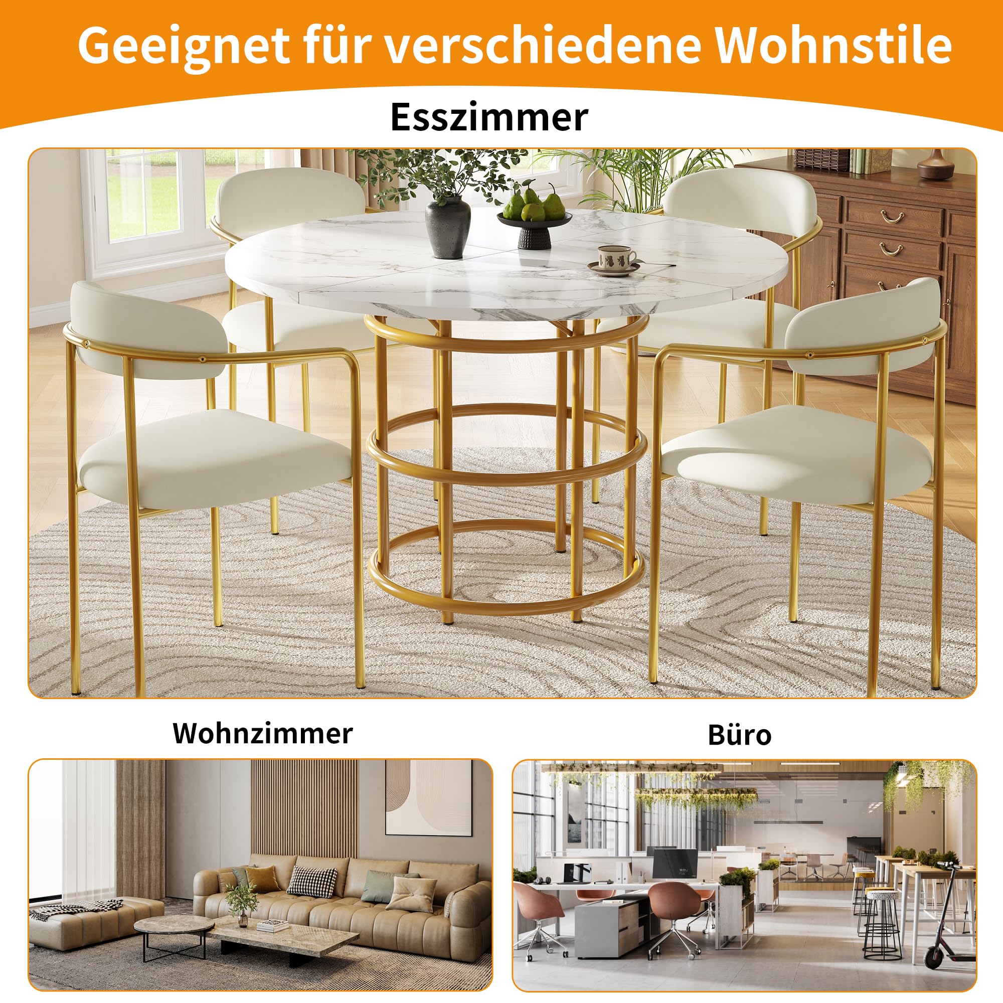 Okrągły stół do jadalni 100 x 100 x 76 cm marmurowy blat regulowane nogi metalowa podstawa siedziska 4-6 osób eleganckie złote wykończenie idealne do kuchni i jadalni - model 1102
