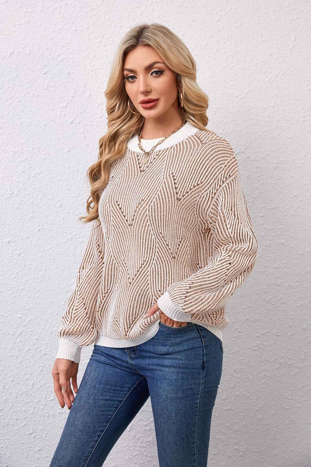 Women's Sweaters Fall 2025 Casual Long Sleeve Crewneck Cute Striped Pattern Knit Pullover Tops S-XL - Image 3