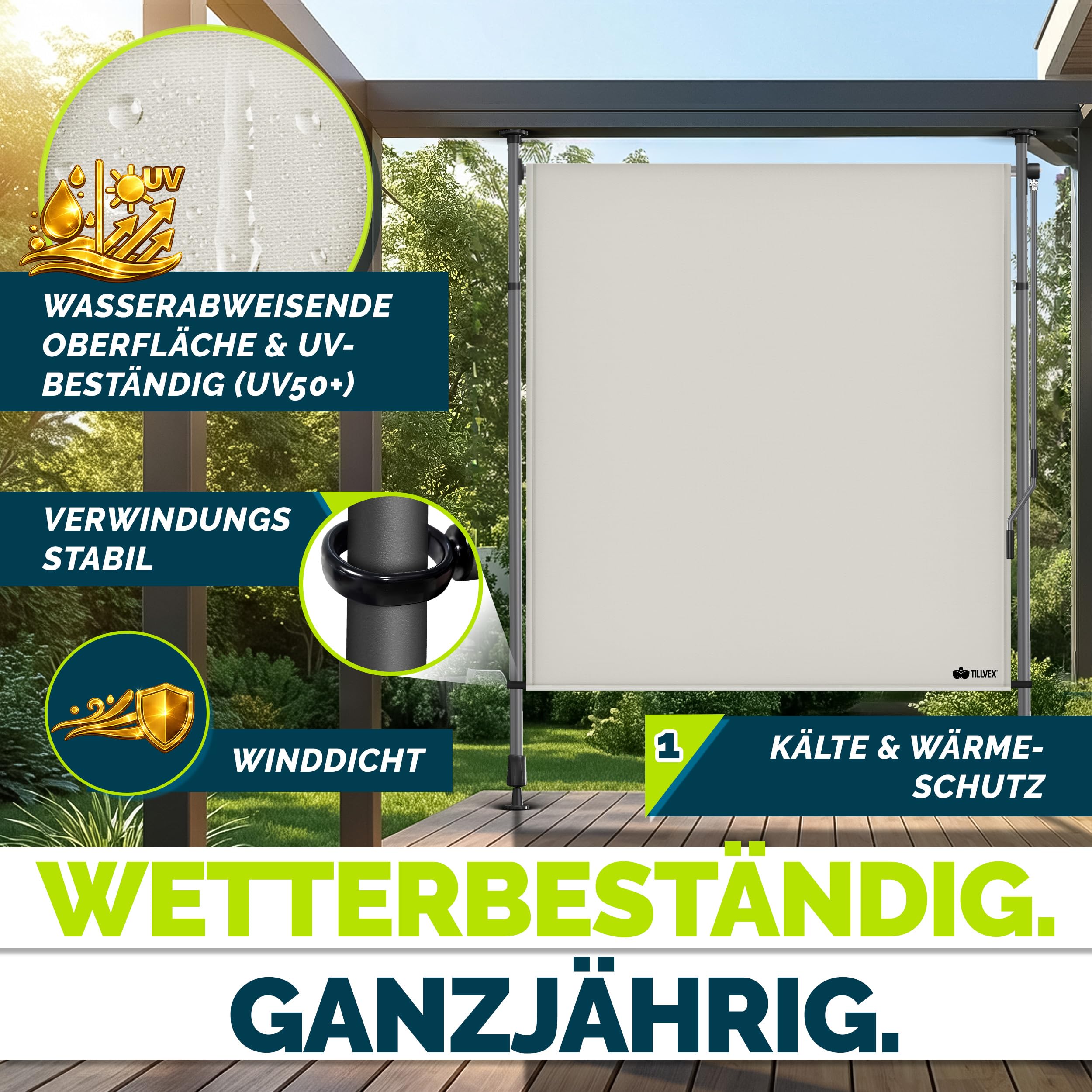 tillvex® Klemmmarkise Senkrechtmarkise mit Handkurbel ohne Bohren | Sichtschutz Ausziehbar & Blickdicht | Vertikalmarkise Balkon Terrasse Garten | Sichtschutzrollo Wetterfest (Beige, 100x310 cm)