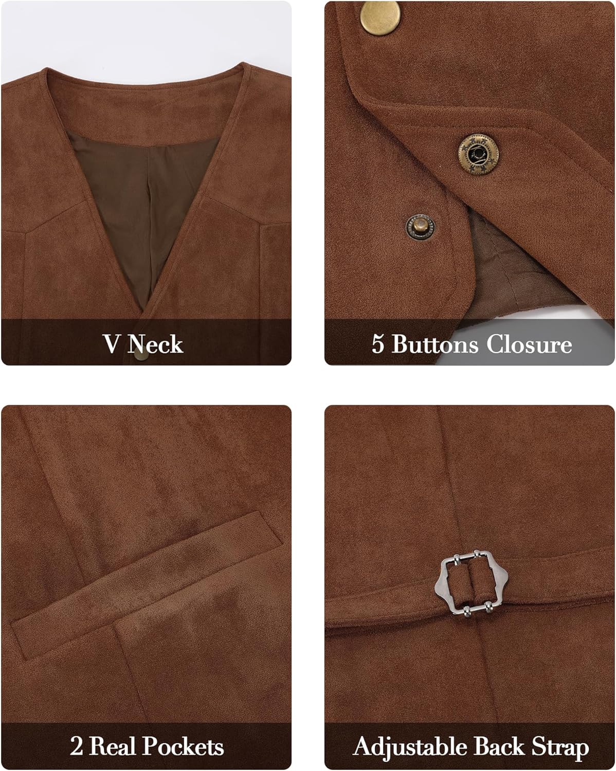 Men's Suede Leather Suit Vest V Neck Artificial Retro 5 Button Regular Vest Cowboy Style Sleeveless Jacket - Image 5
