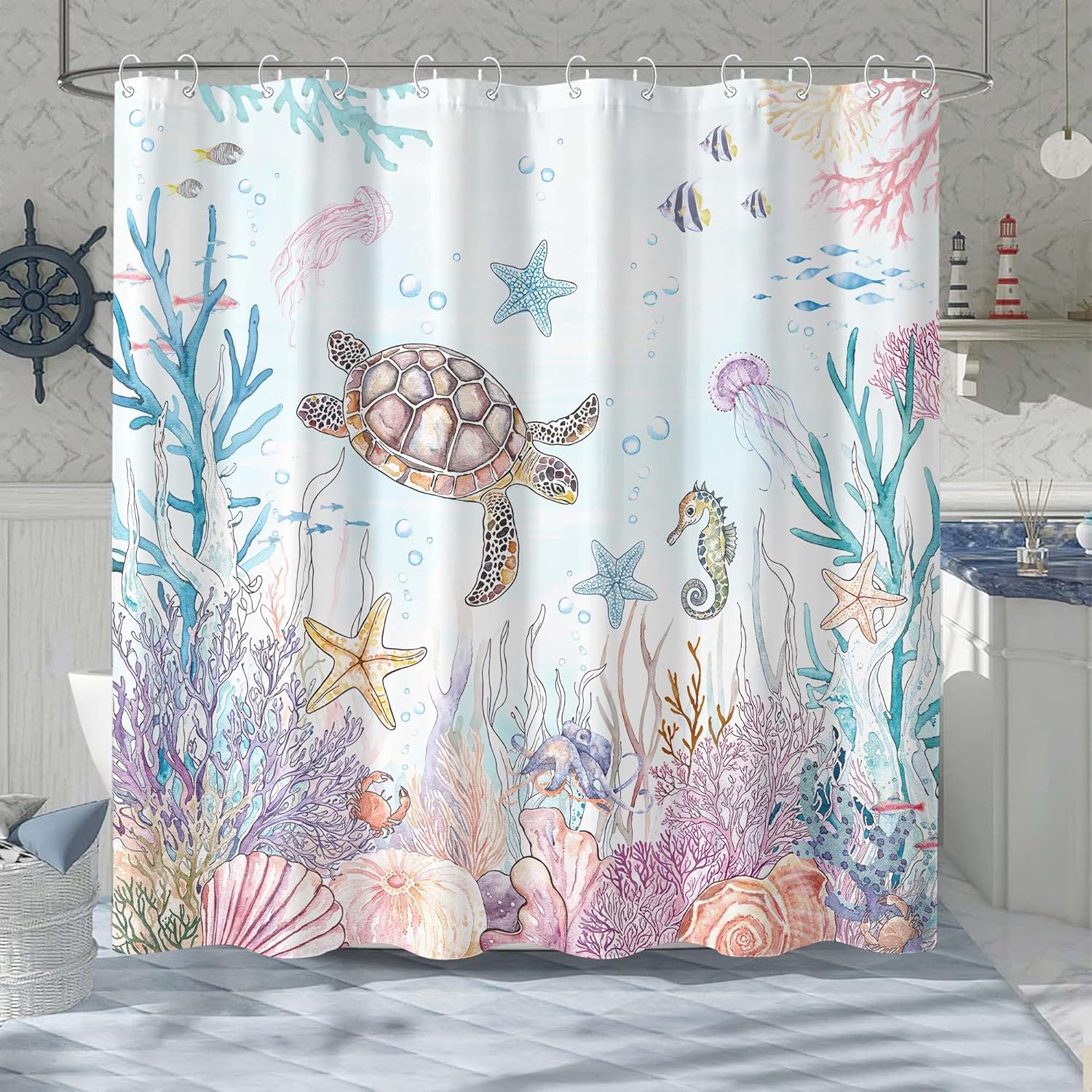 Nautical Coastal Turtle Shower Curtain, Teal Starfish Seahorse Funny Ocean Themed Bathroom Decor, 72x72 inch