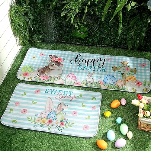 Miniatura 7 de Juego de 2 alfombras y tapetes de cocina de Pascua, decoración de cocina de Pascua de búfalo, búfalo, conejo, cruz, flores, tapete de cocina para