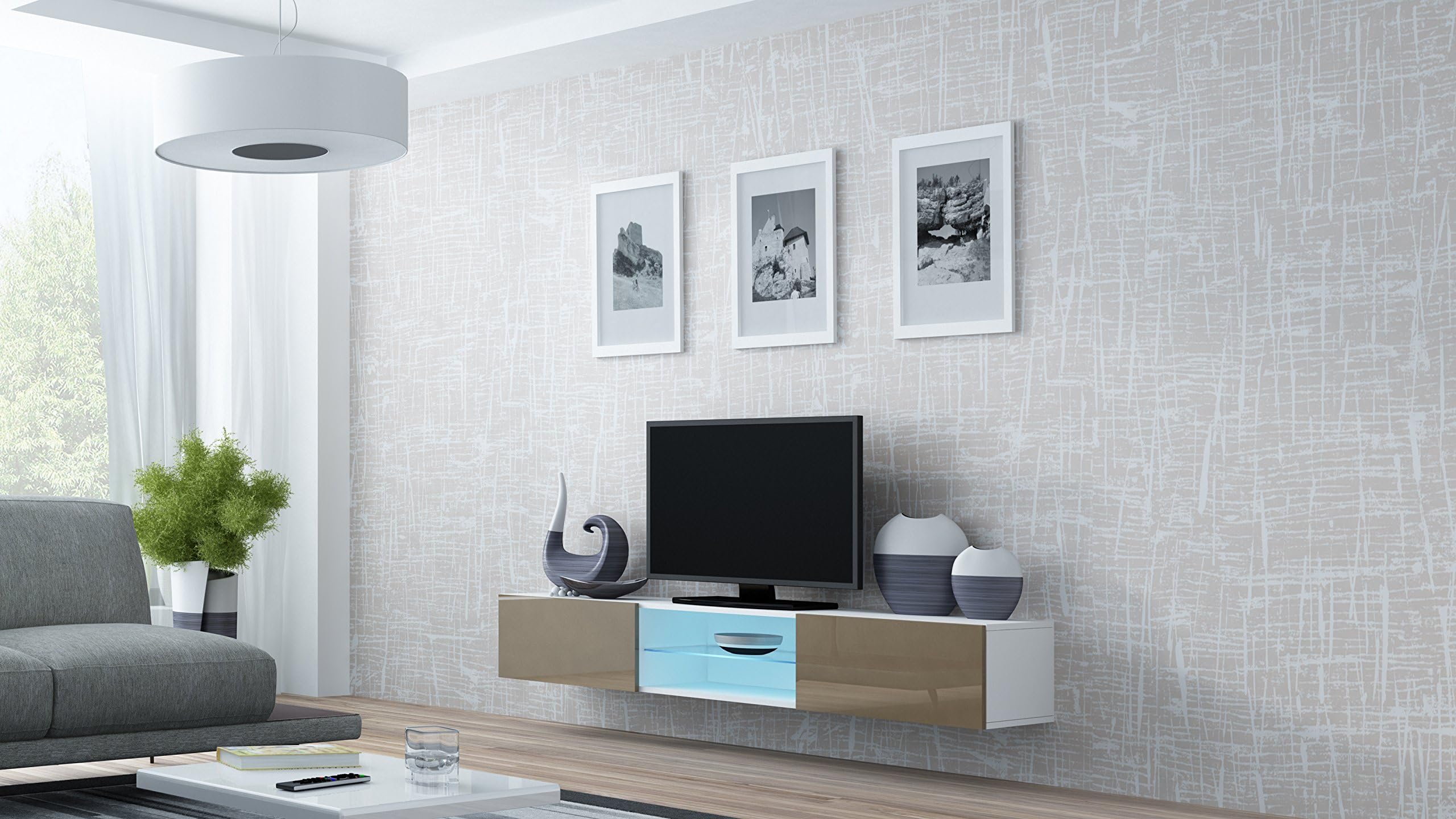 BanburyModernFurniture BMF VIGO GLASS FLOATING TV STAND LED GLASS SHELF MATT/HIGH GLOSS - 180CM WIDE - OPEN FRONT - WHITE LATTE