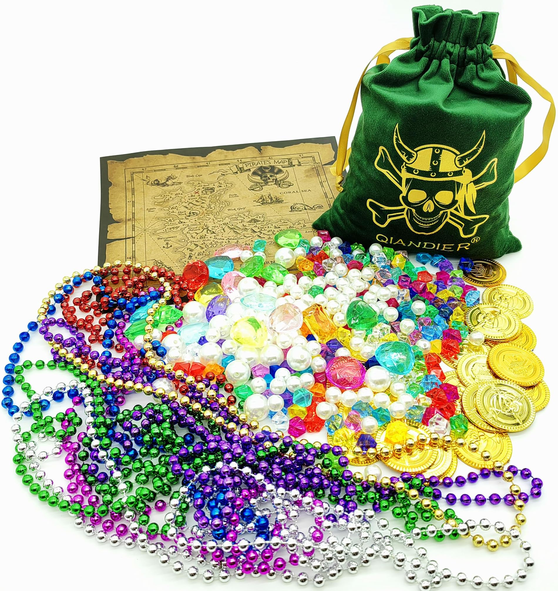 Qiandier328pcs Pirate Treasure Jewels Bags Party Favors Supplies Acrylic Gems Multicolor Diamonds Gold Coins Assorted Colors Beaded Necklace Treasure Map Playset Pirates Party Decor