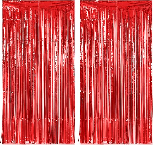 2 Pack Red Metallic Tinsel Foil Fringe Curtains, 3.28 X 6.56 Ft Graduation Party