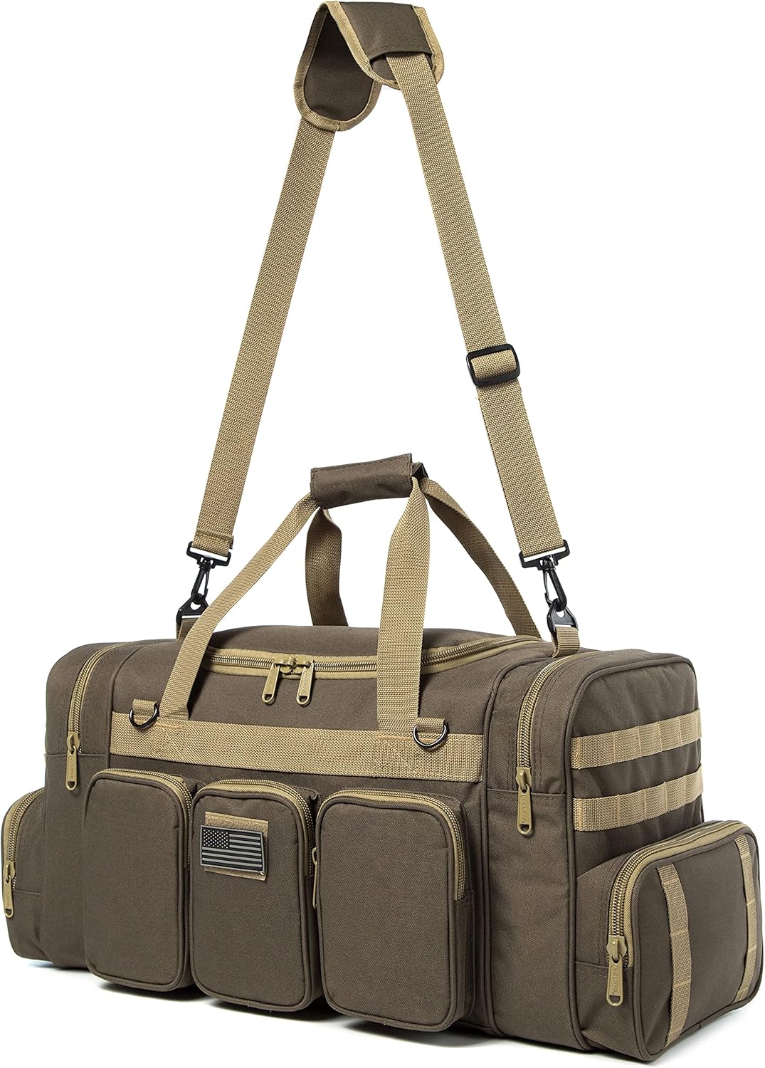 Tactical Range Duffel Heavy Duty Military Molle Gear Travel Sports Gym Bag Lockable Zippers with US Flag Patch (27 In Khaki) - Image 4