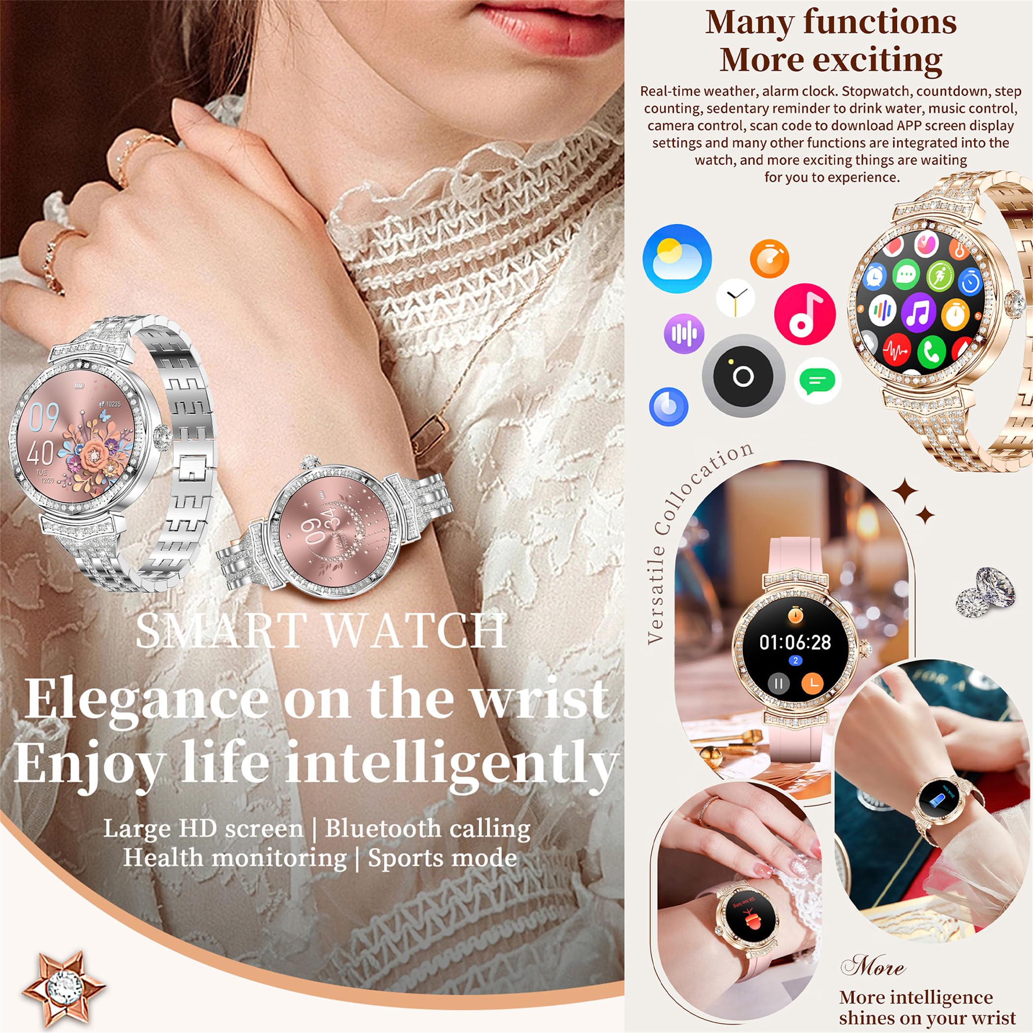 Orologio intelligente da donna con chiamate Bluetooth, display touch AMOLED da 1,32", 5 ATM, con misurazione della pressione sanguigna SpO2, contapassi, monitor del sonno, orologio fitness per