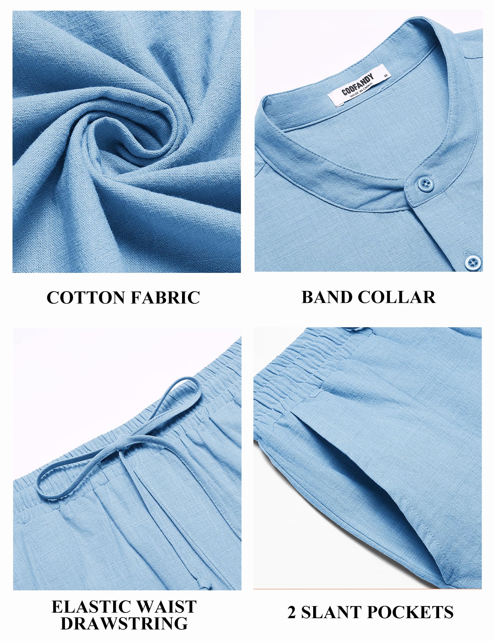 COOFANDY Set da 2 pezzi da uomo in cotone e lino, a maniche corte, casual, con camicia Henley, pantaloni estivi da spiaggia e per le vacanze