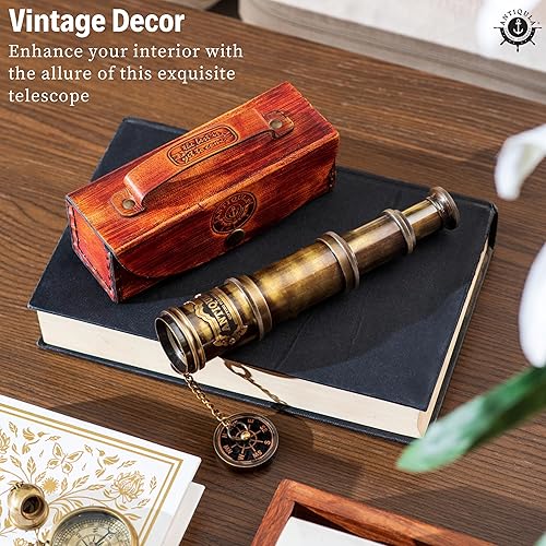 Miniatura 5 de Telescopio pirata pirata vintage 1920 de latón marítimo 15x, telescopio pirata funcional de latón y visión clara con funda de cuero de primera