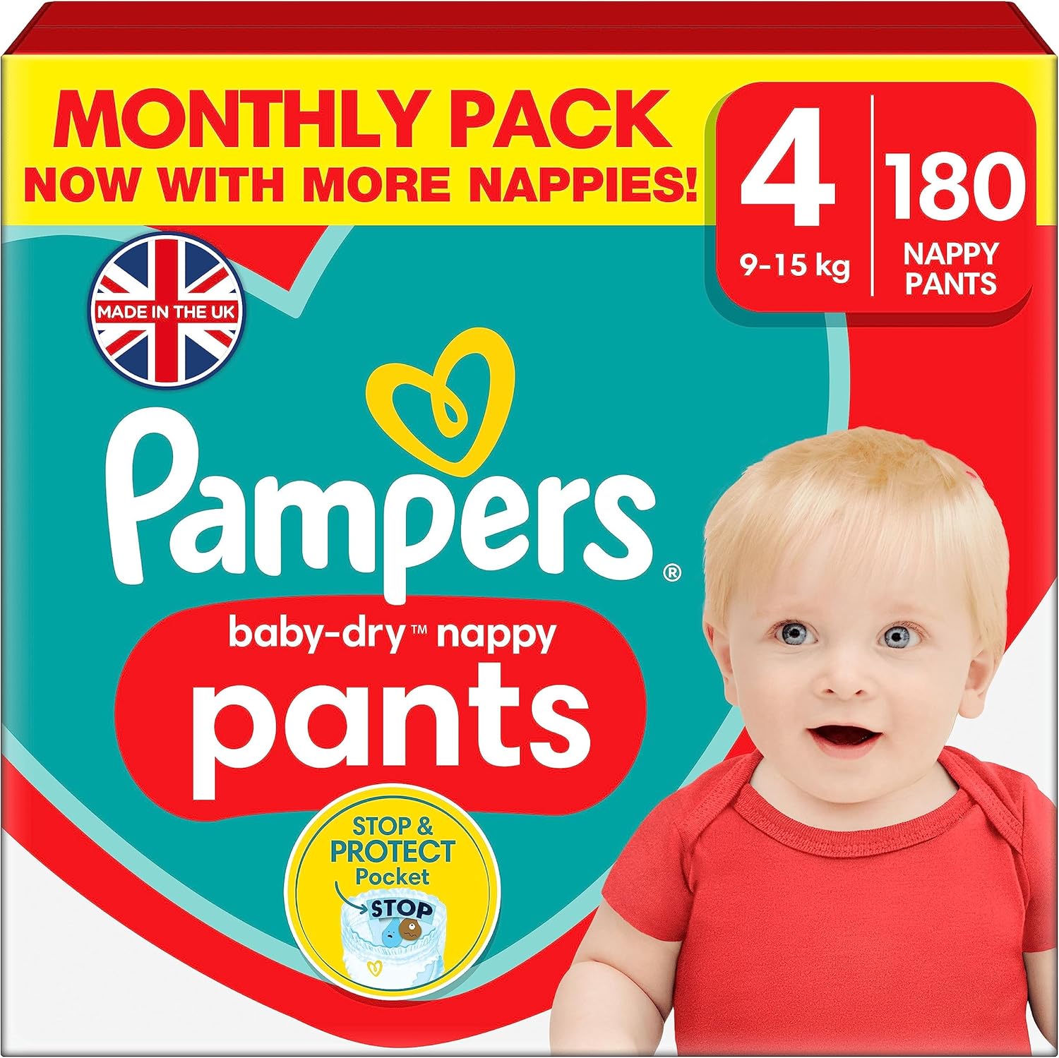 Pampers BabyDry Nappy Pants, Size 4 (9 15kg) 180 Nappies, MONTHLY