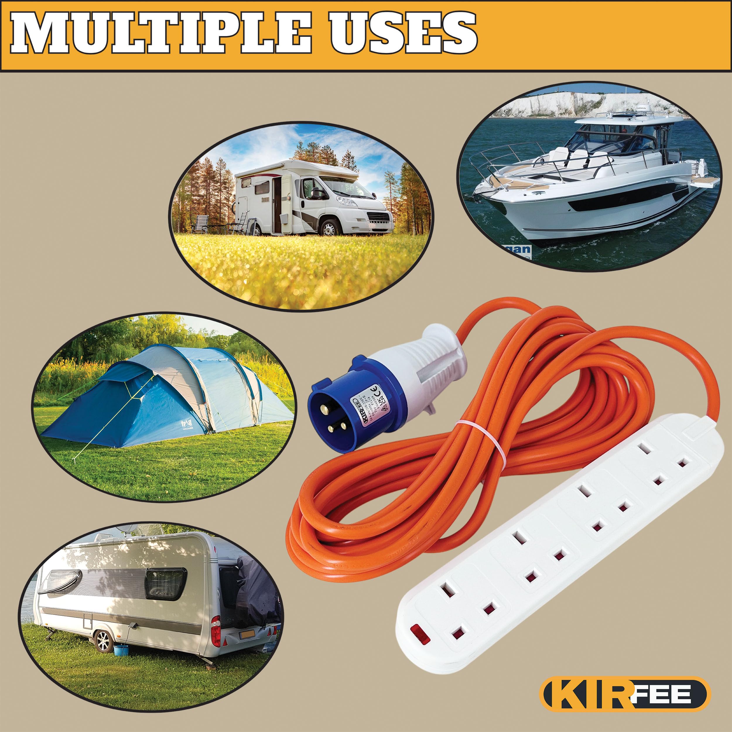 6M Camping Electric Hook Up Cable - 16amp to 13amp Adapter - 4 Gang Electric Hook Up For Camping - Heavy Duty Caravan Extension Lead, Ideal For Caravans, Generators, Motorhomes. — view 5