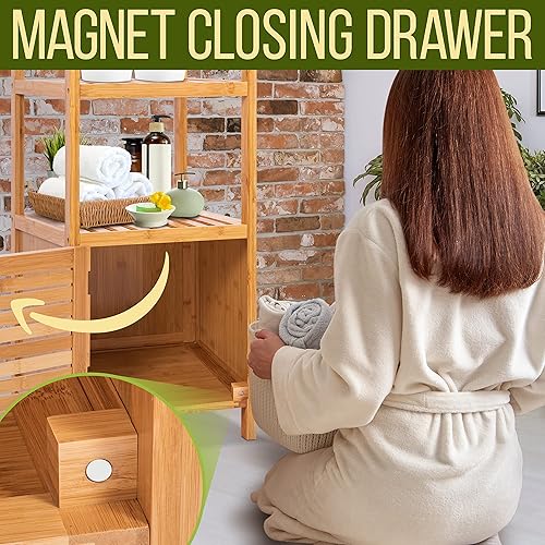 Miniatura 6 de SereneLife Almacenamiento de baño de bambú de 5 niveles, unidad organizadora de gabinete delgado de esquina, estante de baño de 13.38 x 43.3