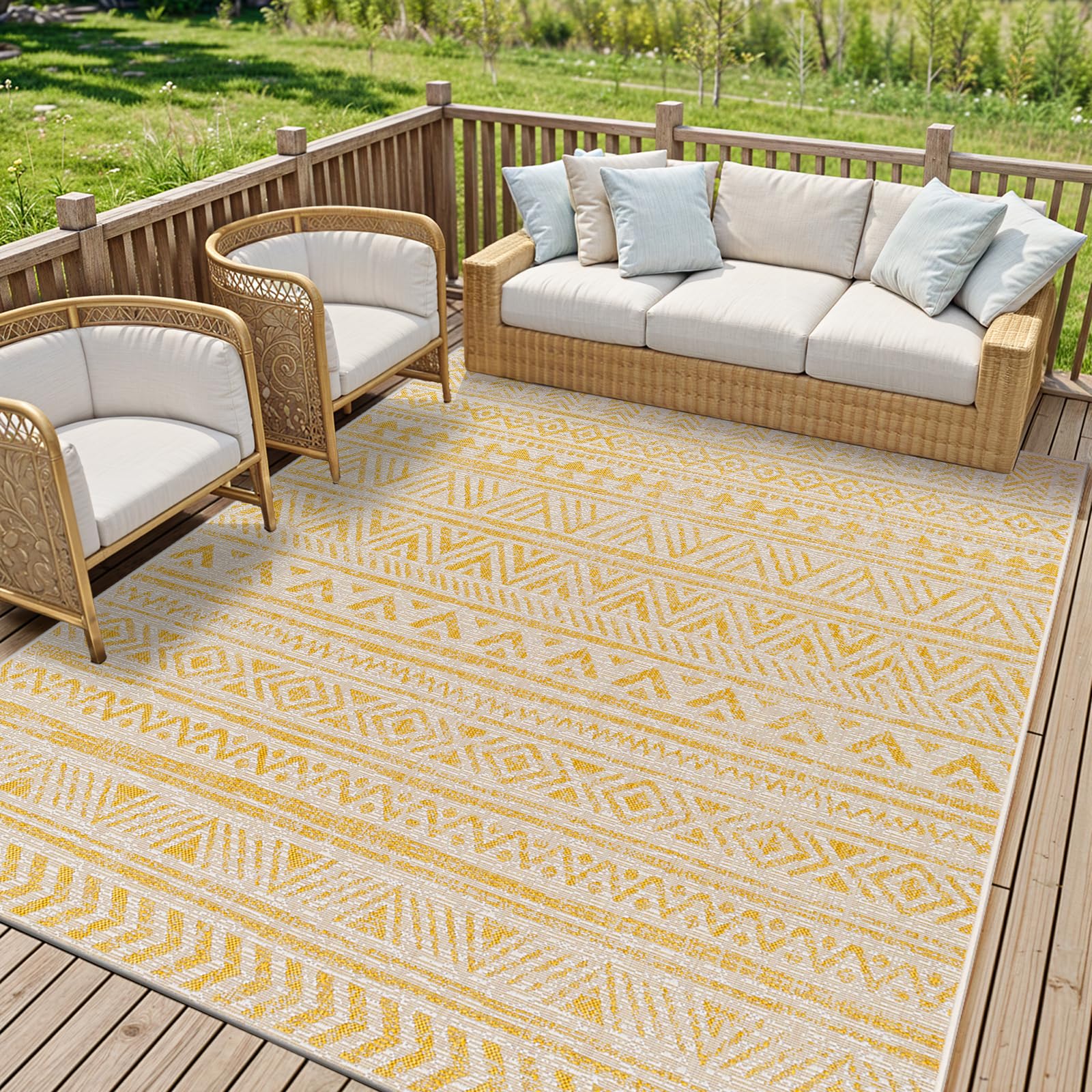 LIVABLISS Diksha Alora Indoor Outdoor Carpet 200x275 cm – Boho Neutral Pattern for Living Room, Dining & Kitchen, Water-Resistant, Easy Care Floor Covering, Mustard Ivory