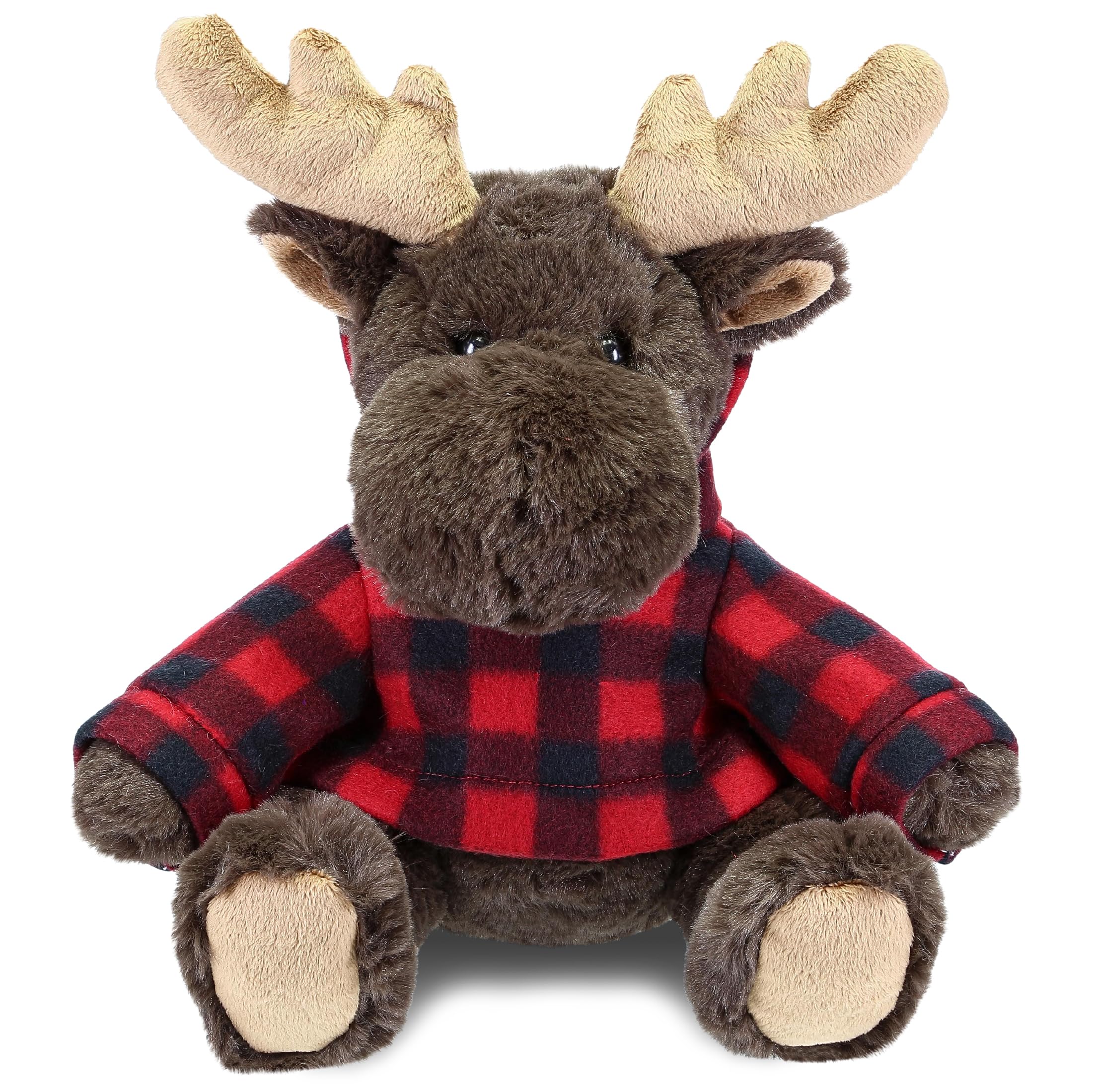 DolliBu Super Soft Moose Stuffed Animal with Plaid Red Hoodie Sweater - Cute Moose Plush Lumberjack Stuffed Toy with Plaid Jacket Animal Hoodie Dress Up for Christmas, Holiday, Winter - 10 Inches