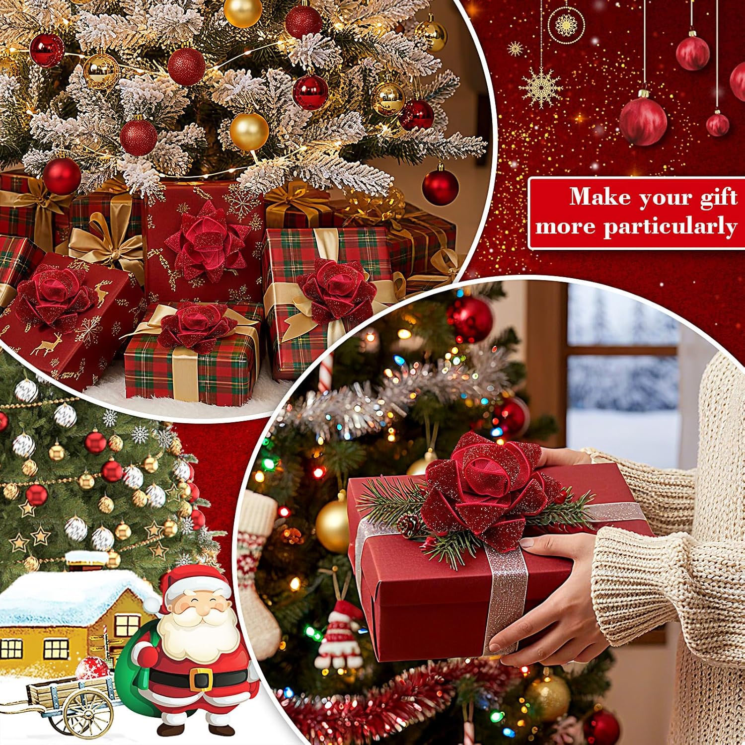 Knitgrip 24 Pcs Christmas Burgundy Red Velvet Gift Bow for Gift Wrapping 2.76'' Christmas Self Adhesive Glitter Ribbon Bows Stick on Flocked for Xmas Present Wrapping Decor Wreaths Tree - Image 6