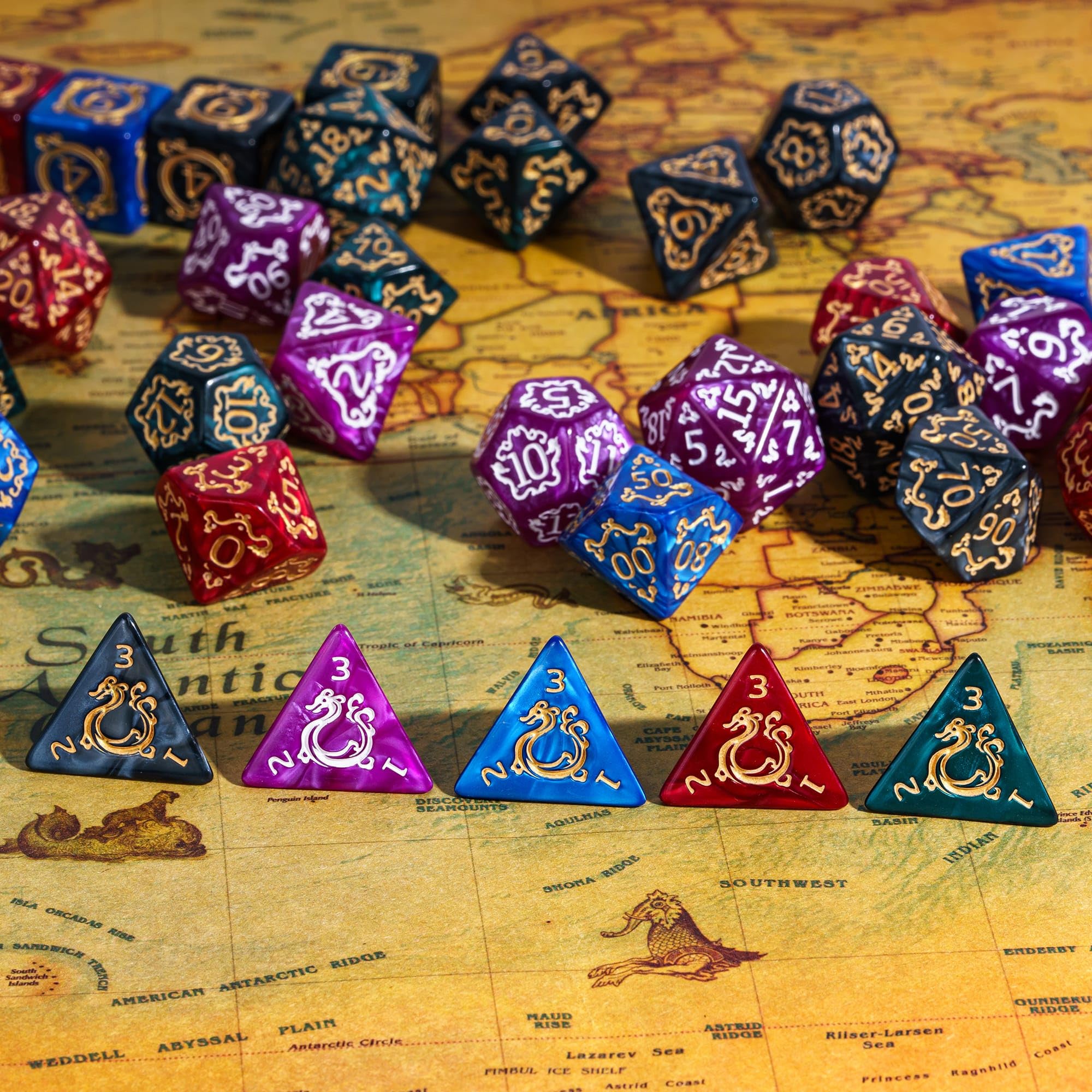 Set di 5 set di dadi poliedrici con motivo drago, 35 pezzi, con borsa in pelle, set di dadi per giochi di ruolo da tavolo