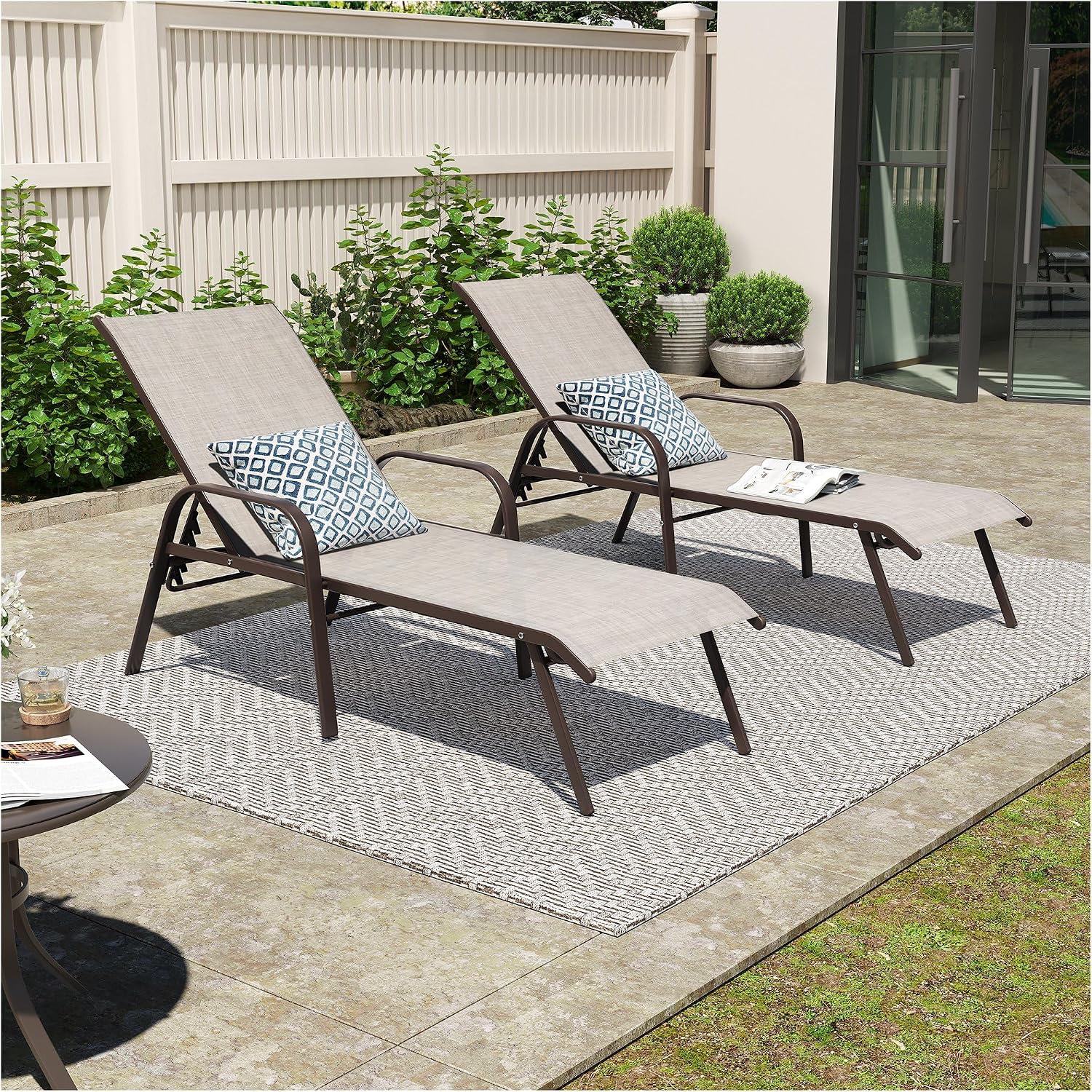 Crestlive Outdoor Chaise Lounge Chair,5-Position Pool Lounge Chairs with Armrests Sunbathing Recliner for Patio,Beach,Deck,Yard (2PC Beige)