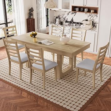 Linique 7-Piece Dining Table Set for 6, Rustic Wooden Extendable Kitchen Table with 18" Move Leaf, 6 Upholstered Chairs, Perfect for Kitchen, Dining Room, Natural